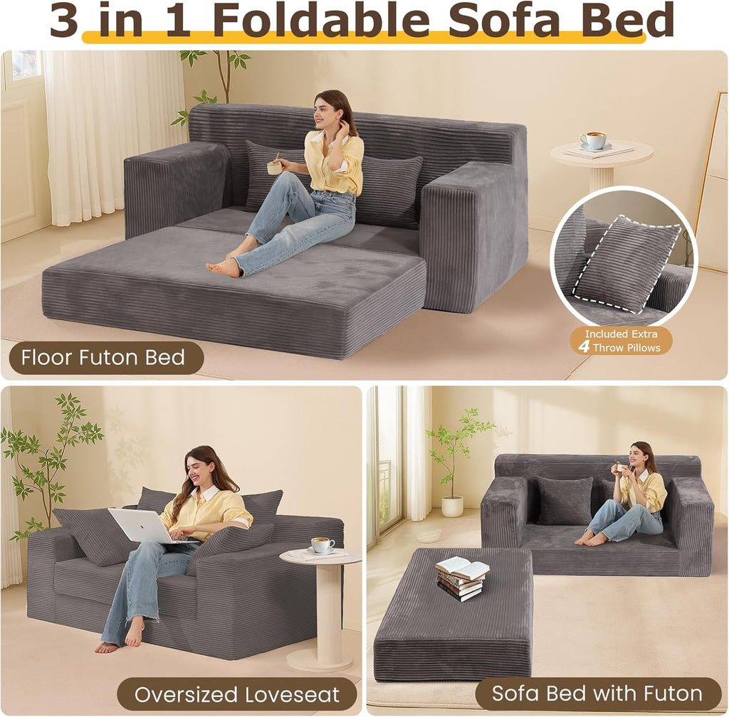 Convertible Sofa Bed, 3 in 1 Loveseat Folding Couch Bed Foldable - Boneless Couch & Floor Futon Sleeper, Corduroy Pull Out Sofa Bed with 4 Pillows for Living Room, Grey