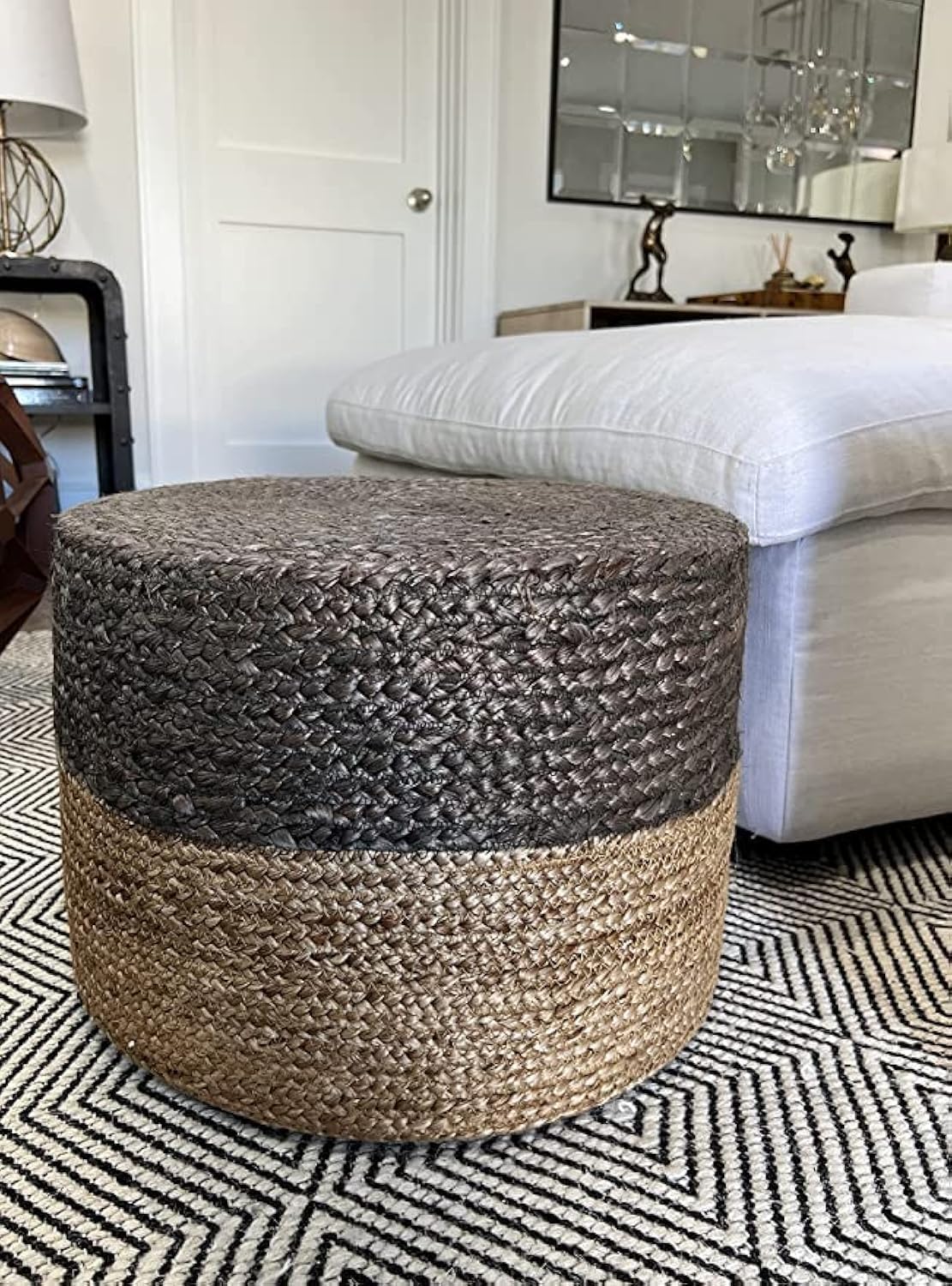 S & L Homes Pouf Ottoman - 100% Jute Braided Footrest Pouf Hand Knitted Traditional Cord Boho Pouffe for Living Room, Bedroom, Nursery, Patio, Lounge Colorblock - Natural Ivory (18”x18”x12”)