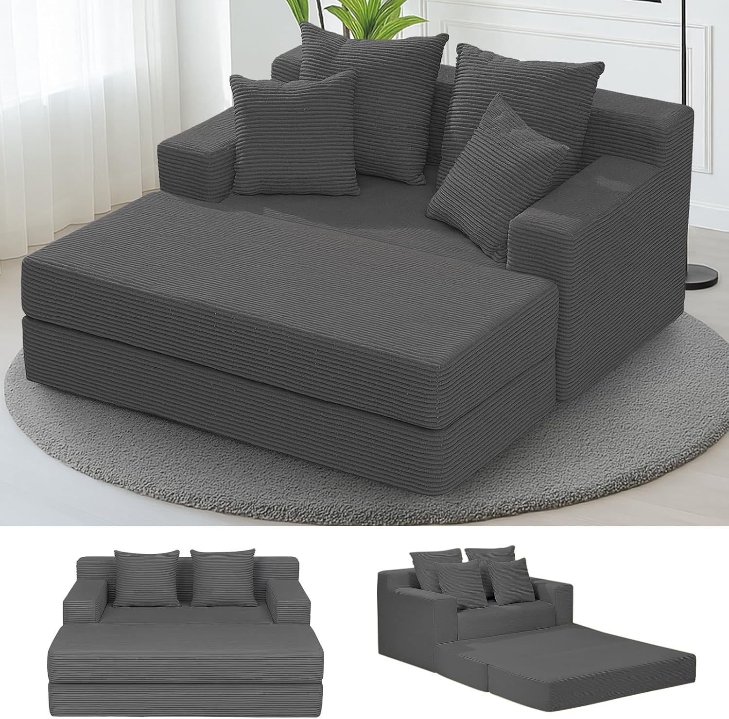 Convertible Sofa Bed, 3 in 1 Loveseat Folding Couch Bed Foldable - Boneless Couch & Floor Futon Sleeper, Corduroy Pull Out Sofa Bed with 4 Pillows for Living Room, Grey