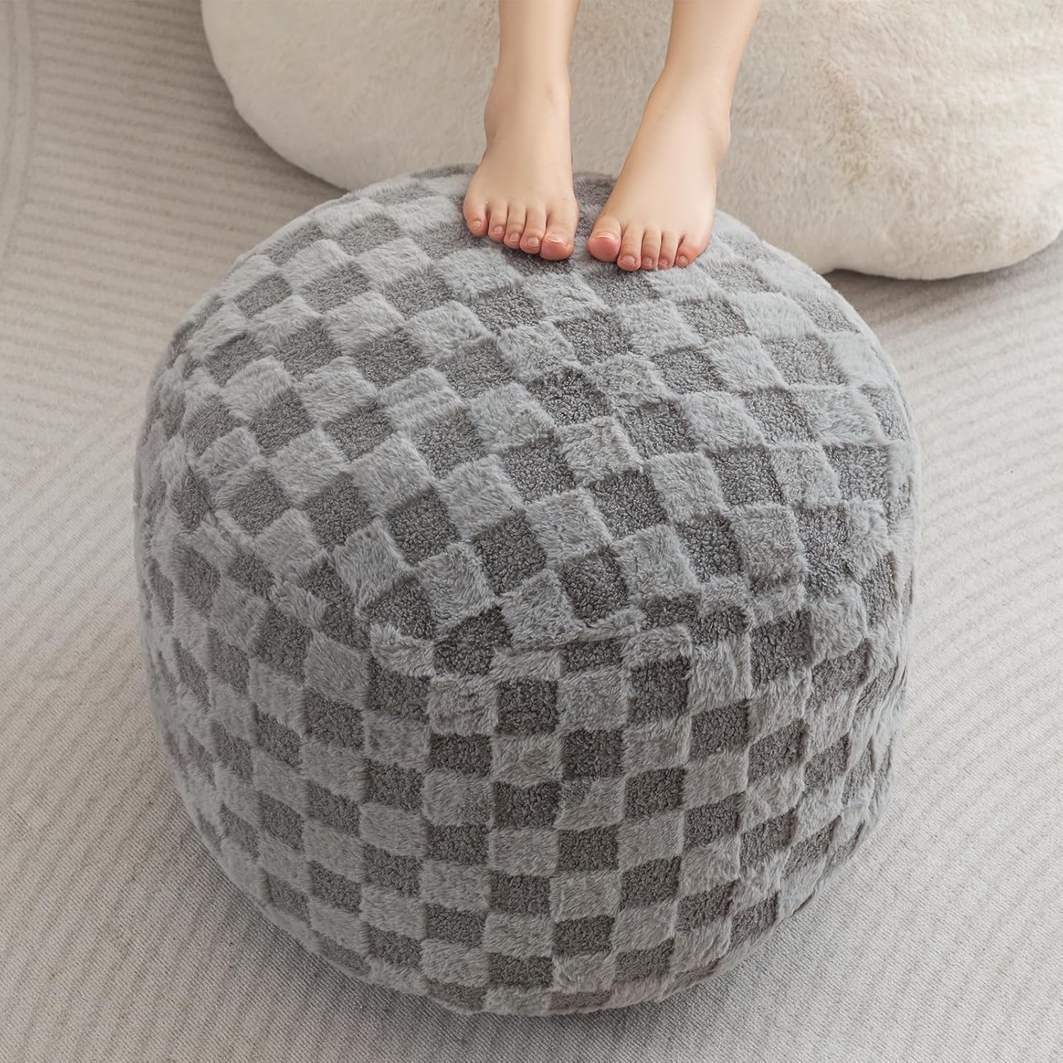HIGOGOGO Round Stuffed Pouf Ottoman, Corduroy Poufs with Foam Chunk Filling, Furry and Fluffy Pouf Foot Stool Storage Ottoman, 26 X 18 Floor Poufs Foot Rest for Living Room, Dark Grey