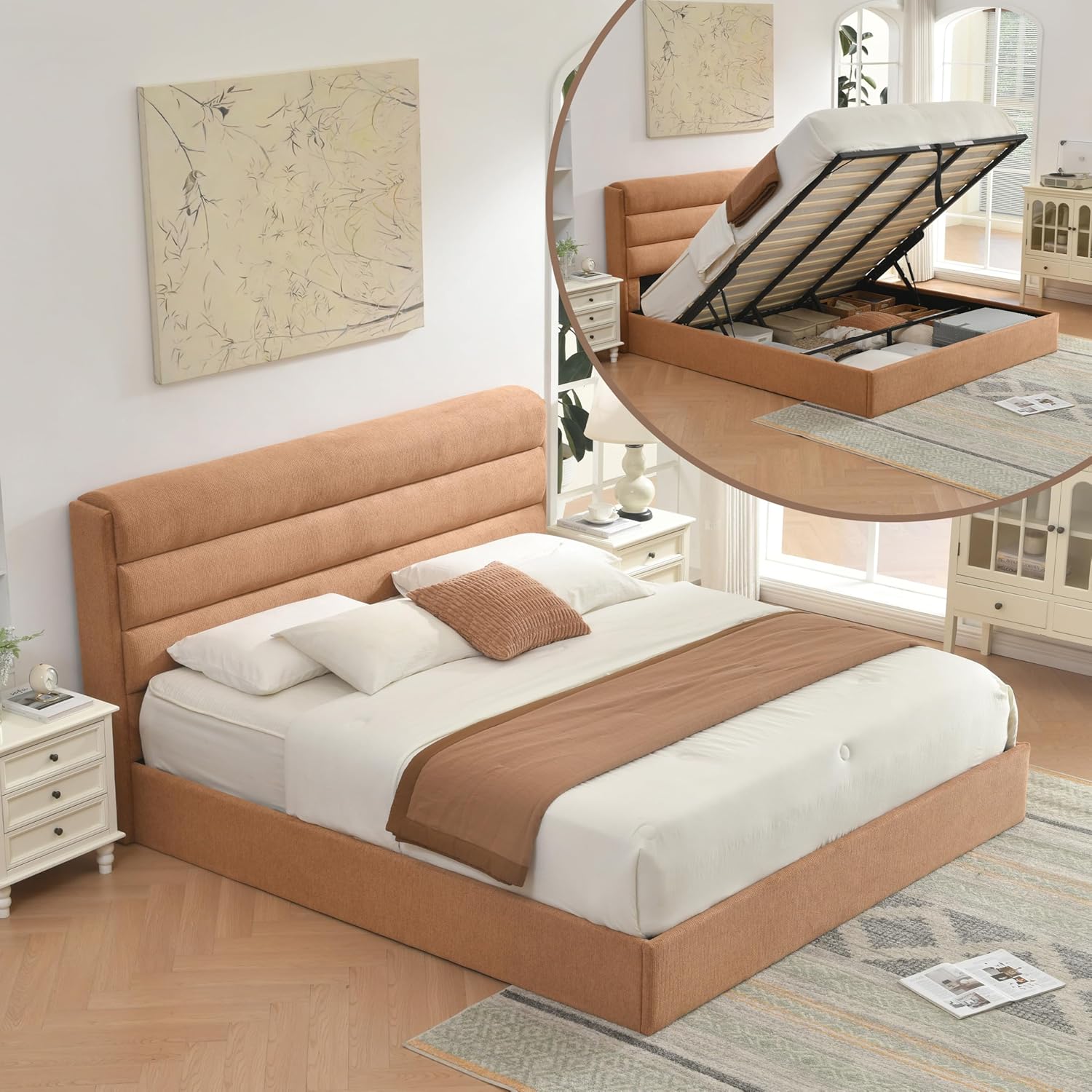 Lift Up Storage Bed Queen Size, Upholstered Platform Bed with Hydraulic System & Wood Slats Support, Queen Bed Frame with 3-Panel Headboard, No Box Spring Needed, Easy Assembly, Green