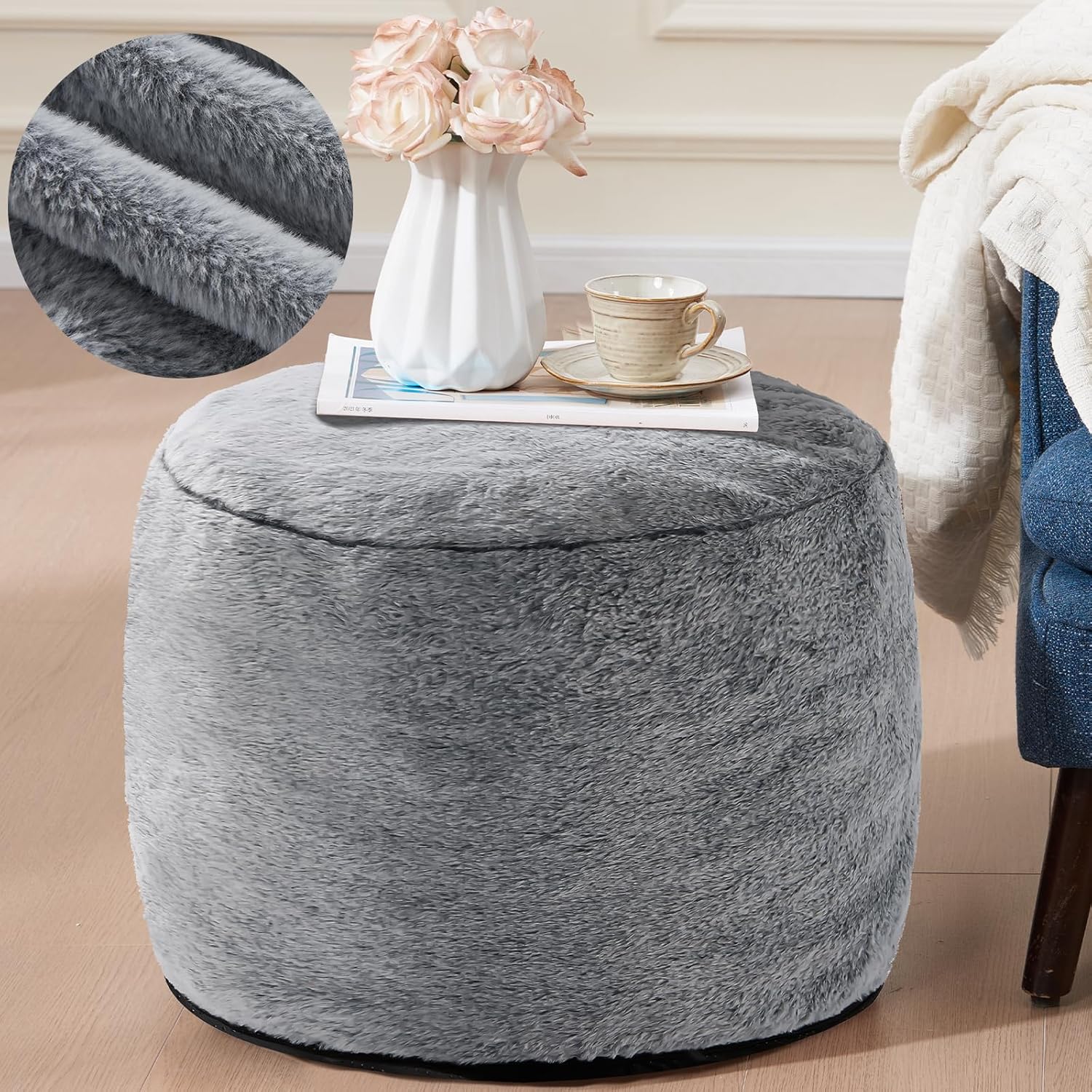 Round Pouf Ottoman Foot Rest Plush Ottoman Footstools for The Living Room Ottomans Stuffed Full of Foam Blocks 26 * 18" Large Foot Stool Dark Grey Footrests Hassocks and Ottomans Set