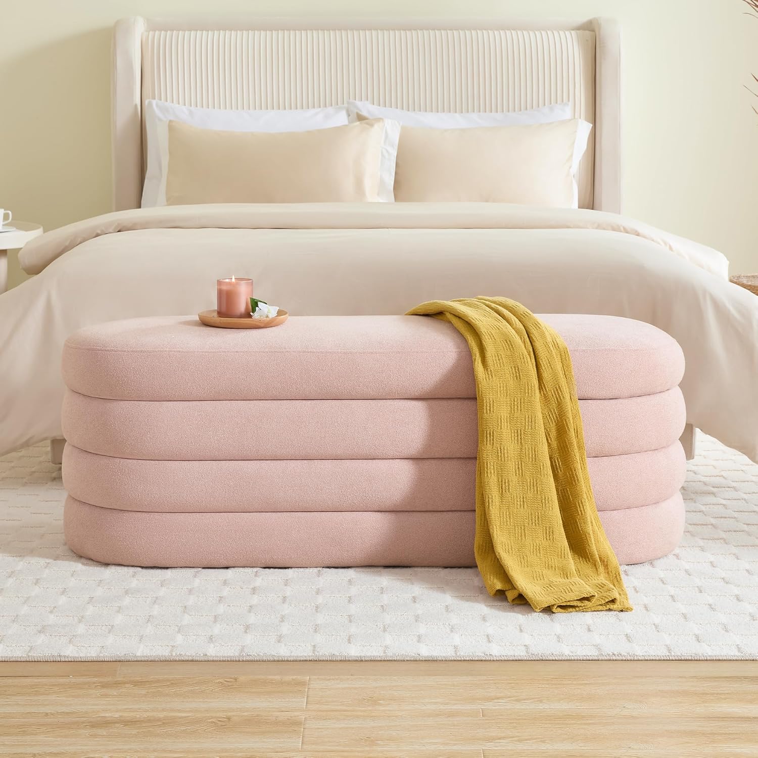 Storage Ottoman Bench 49.2 Inch Upholstered Fabric Storage Bench for Bedroom End of Bed Aesthetic Large Oval Ottoman for Living Room Entryway (Ivory)