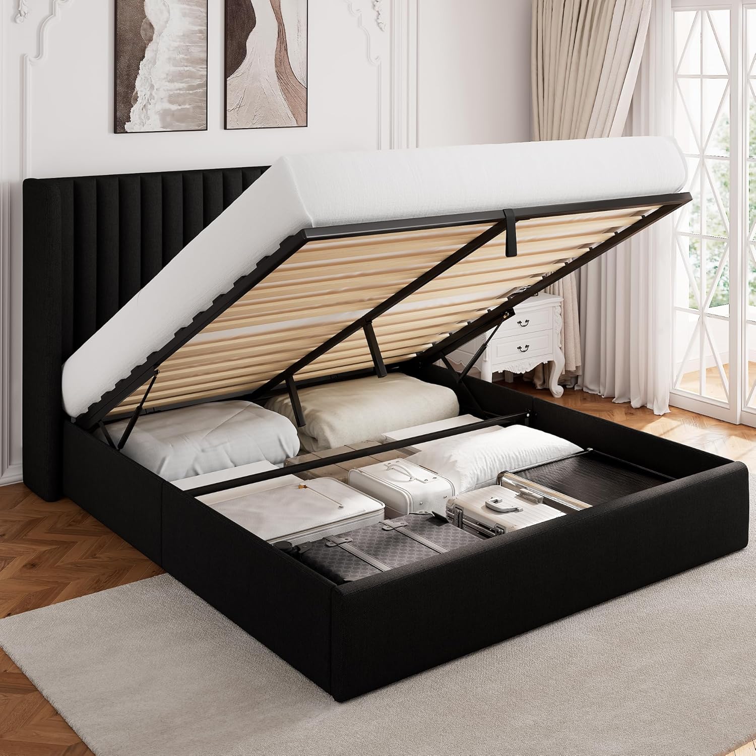 Queen Size Lift Up Storage Bed, Upholstered Velvet Platform Bed Frame with Wingback Headboard, Hydraulic System, Solid Wooden Slats Support, Easy Assembly, No Box Spring Needed, White