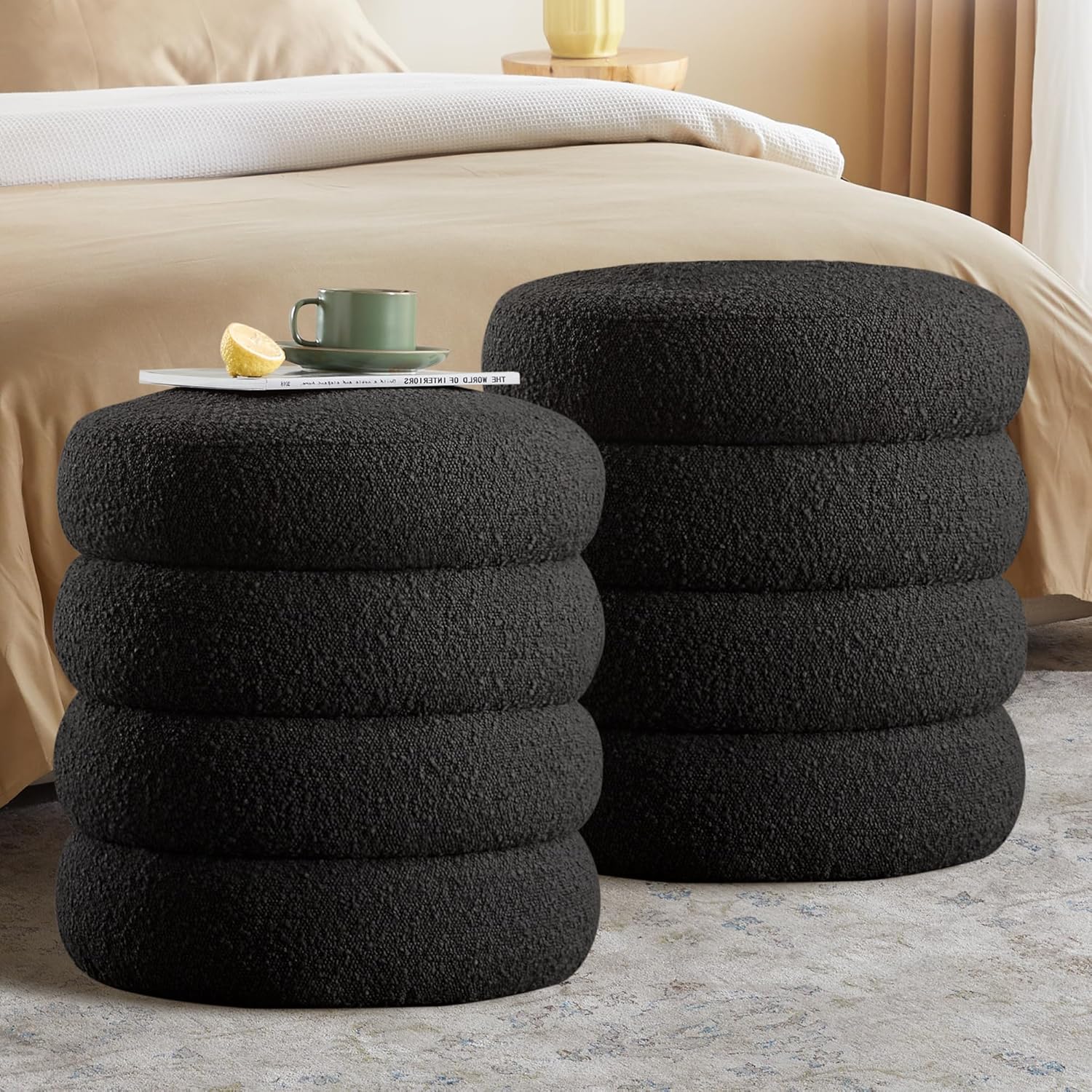 Storage Ottoman Bench 49.2 Inch Upholstered Fabric Storage Bench for Bedroom End of Bed Aesthetic Large Oval Ottoman for Living Room Entryway (Ivory)