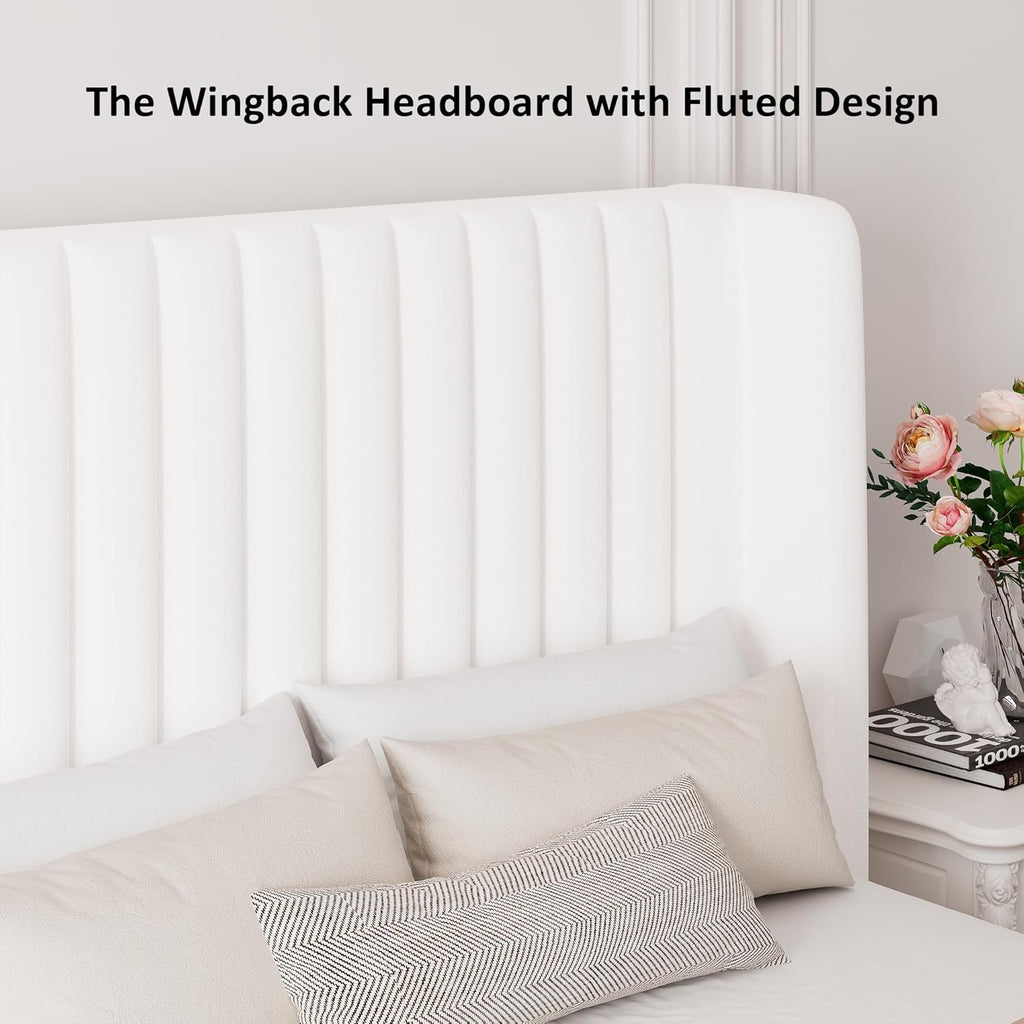 Queen Size Lift Up Storage Bed, Upholstered Velvet Platform Bed Frame with Wingback Headboard, Hydraulic System, Solid Wooden Slats Support, Easy Assembly, No Box Spring Needed, White