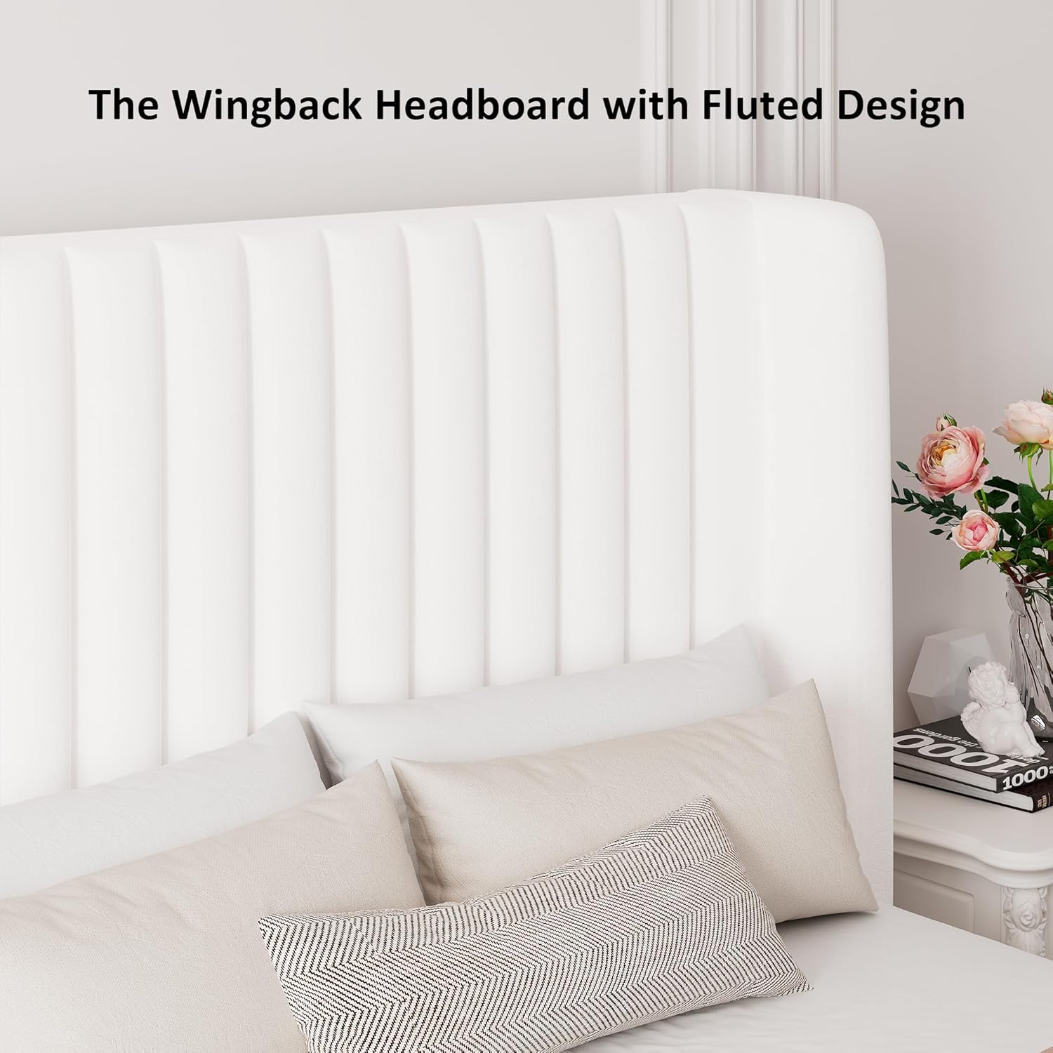 Queen Size Lift Up Storage Bed, Upholstered Velvet Platform Bed Frame with Wingback Headboard, Hydraulic System, Solid Wooden Slats Support, Easy Assembly, No Box Spring Needed, White