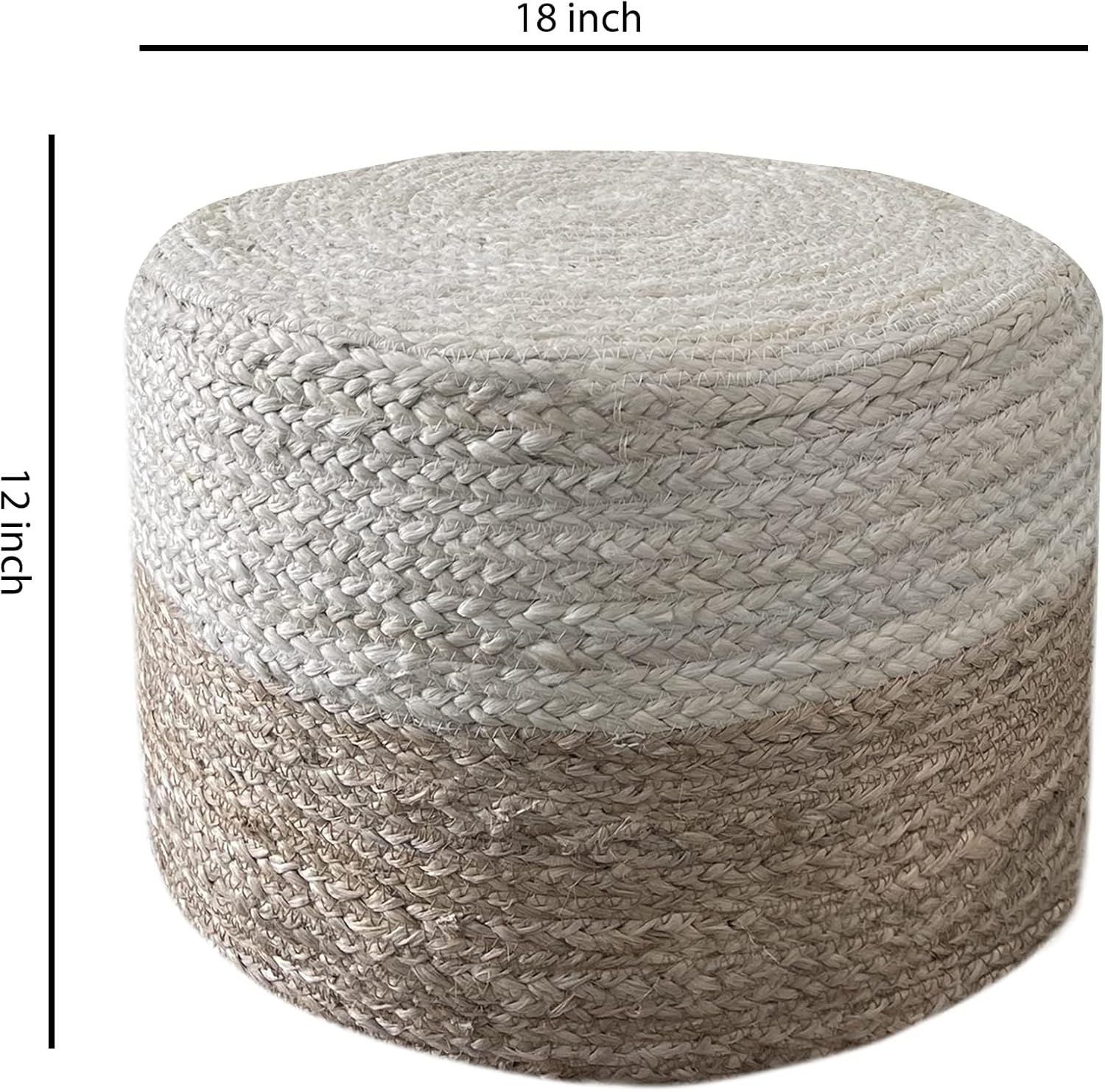 S & L Homes Pouf Ottoman - 100% Jute Braided Footrest Pouf Hand Knitted Traditional Cord Boho Pouffe for Living Room, Bedroom, Nursery, Patio, Lounge Colorblock - Natural Ivory (18”x18”x12”)