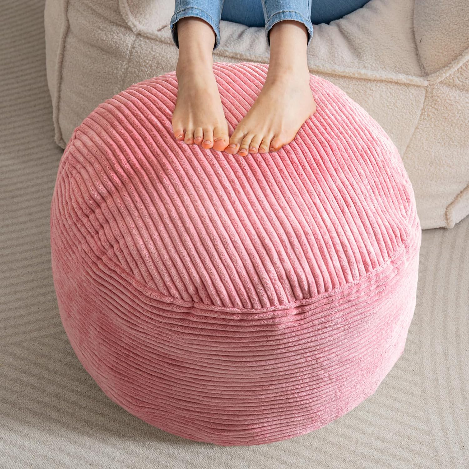 HIGOGOGO Round Stuffed Pouf Ottoman, Corduroy Poufs with Foam Chunk Filling, Furry and Fluffy Pouf Foot Stool Storage Ottoman, 26 X 18 Floor Poufs Foot Rest for Living Room, Dark Grey