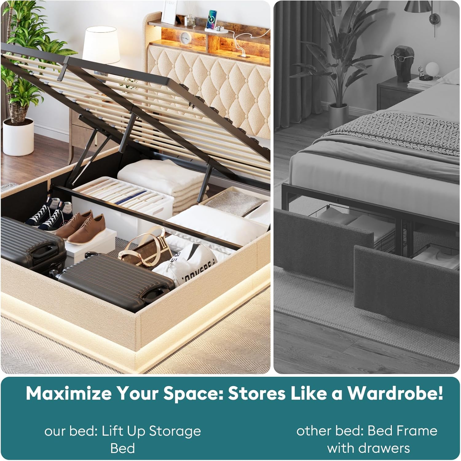 Full Bed Frame with Storage - Lift Up Full Size Bed Frame with Headboard, Upholstered Platform Bed with LED Lights & Charging Station, Hydraulic No Box Spring Needed Wood Slats Support, Beige