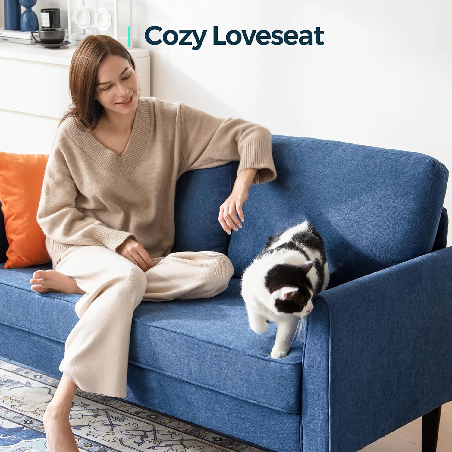 LINSY Loveseat Sofa Couch - Comfy 58" Small Loveseat for Small Spaces Modern Couches with Thick Cushion, Ergonomic Design Soft Sofa for Living Room Bedroom Apartment (Blue)