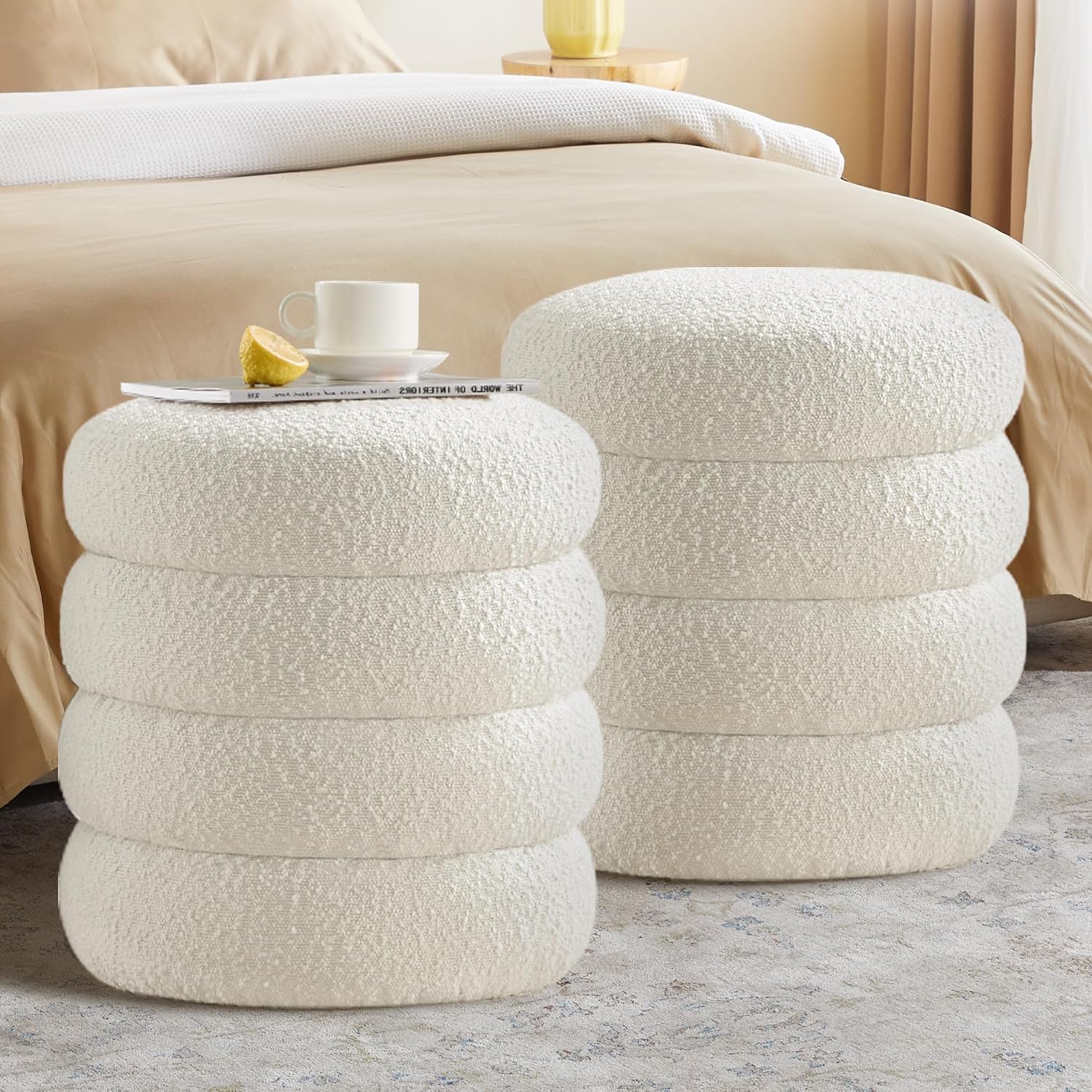 Storage Ottoman Bench 49.2 Inch Upholstered Fabric Storage Bench for Bedroom End of Bed Aesthetic Large Oval Ottoman for Living Room Entryway (Ivory)