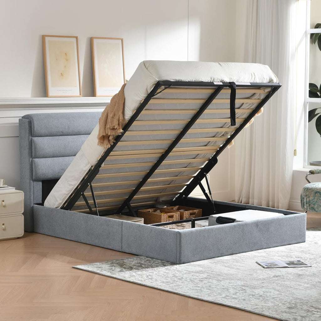 Lift Up Storage Bed Queen Size, Upholstered Platform Bed with Hydraulic System & Wood Slats Support, Queen Bed Frame with 3-Panel Headboard, No Box Spring Needed, Easy Assembly, Green