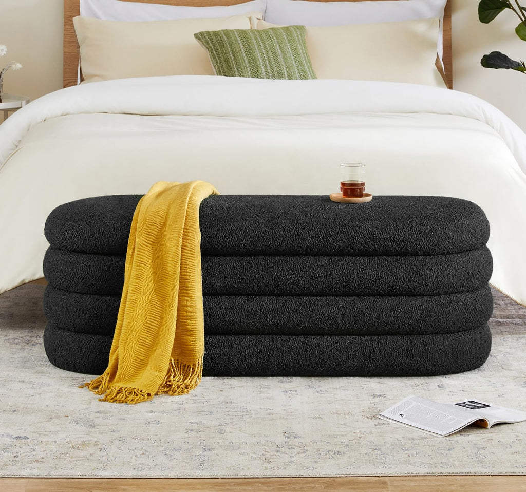 Storage Ottoman Bench 49.2 Inch Upholstered Fabric Storage Bench for Bedroom End of Bed Aesthetic Large Oval Ottoman for Living Room Entryway (Ivory)