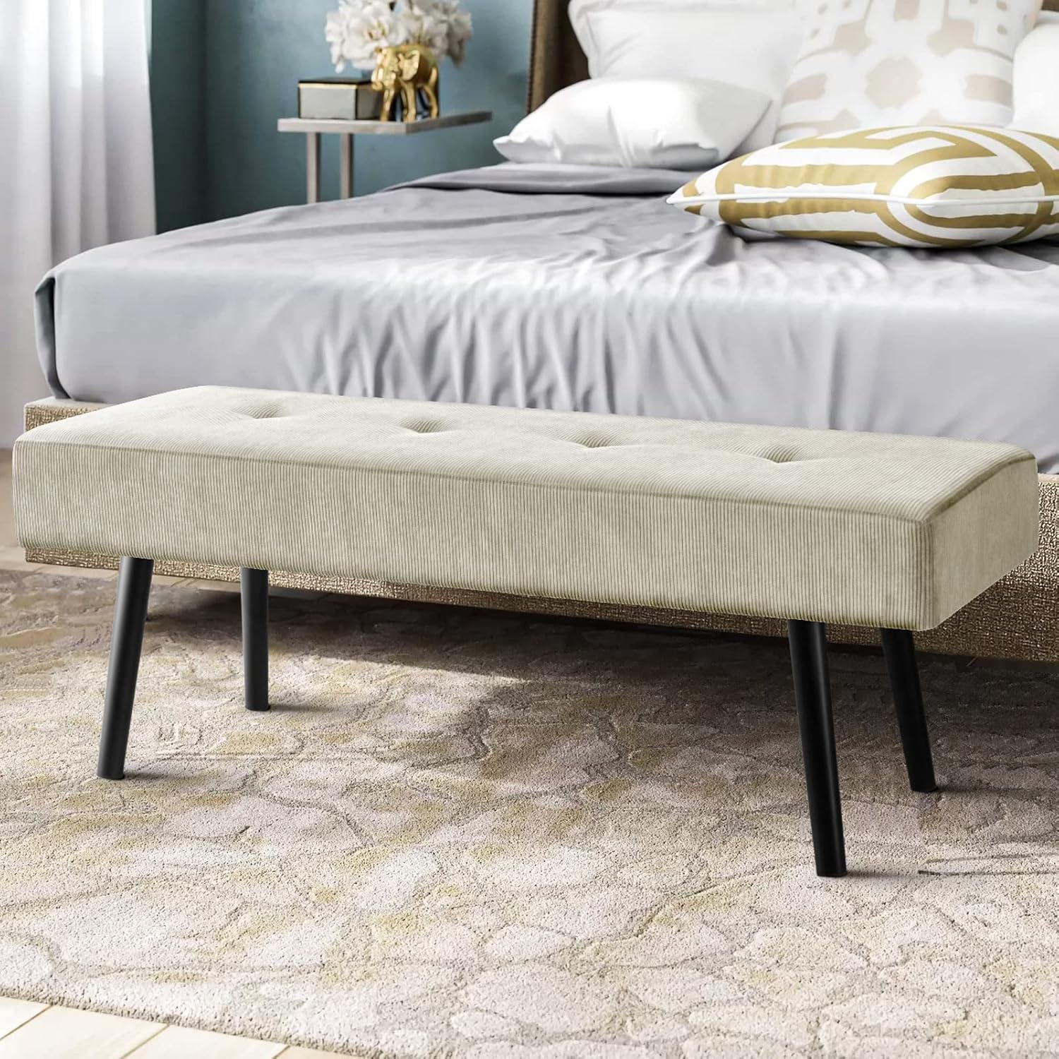 Entryway Bench - Green Bench for Bedroom, Modern Ottoman End of Bed, Corduroy Padded Benches for Living Room, Foyer, Mudroom, Hallway - 39" L x 14" W x 17" H