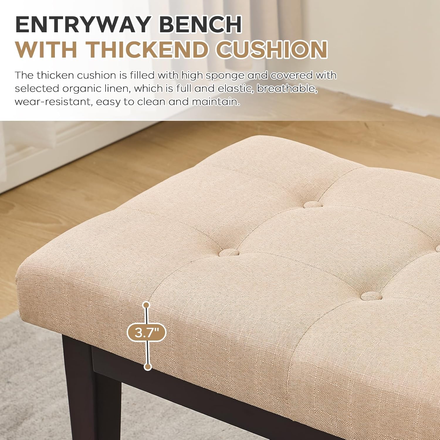 End of Bed Bench, 47.2" Linen Button-Tufted Upholstered Rubberwood Bench for Bedroom with Padded Cushion, Modern Shoe Bench Bedroom Bench for Living Room Entryway Dining Room Hallway, 300 LB, Beige
