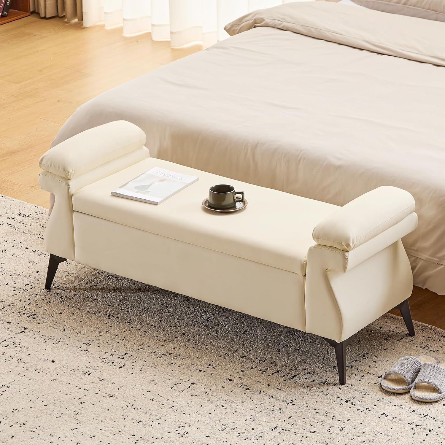Furniliving 51” Storage Benches, End of Bed Bench with Button-Tufted Large Upholstered Storage Ottoman Linen Window Bench with Storage Shoe Cabinet Bench, for Bedroom, Entryway, Closet, Beige