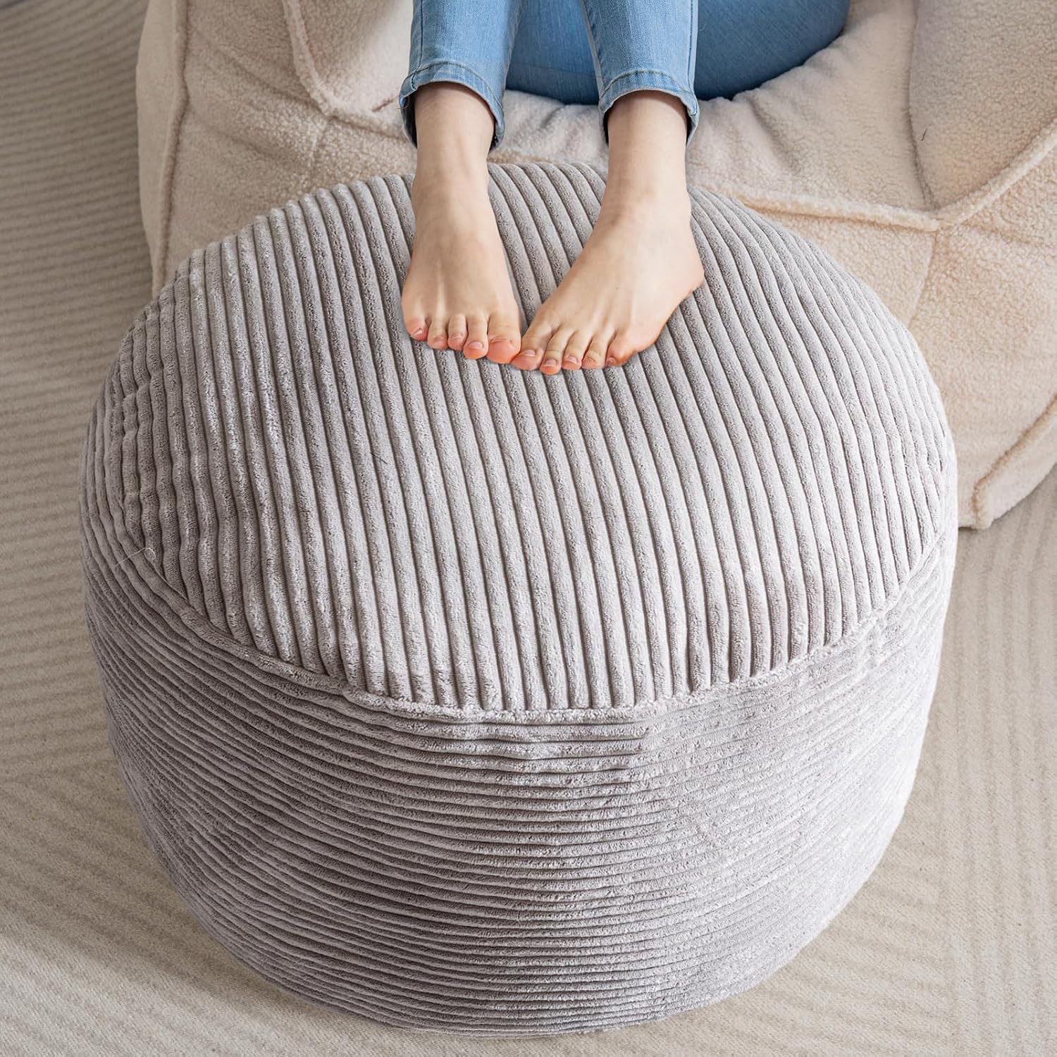 HIGOGOGO Round Stuffed Pouf Ottoman, Corduroy Poufs with Foam Chunk Filling, Furry and Fluffy Pouf Foot Stool Storage Ottoman, 26 X 18 Floor Poufs Foot Rest for Living Room, Dark Grey