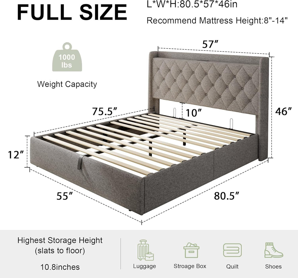 Feonase Full Size Bed Frame with Storage & Charging Station - Hydraulic Lift Up Platform Bed, Upholstered Button Tufted Headboard, Sturdy Wooden Slats, Noise-Free, No Box Spring Needed, Light Gray