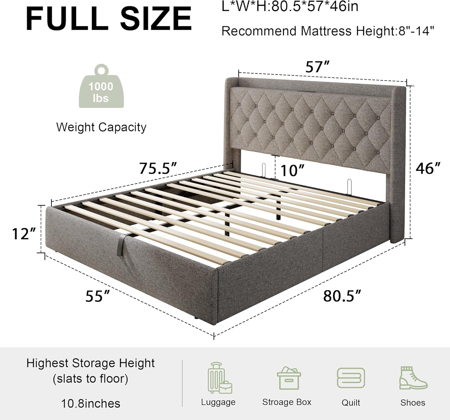 Feonase Full Size Bed Frame with Storage & Charging Station - Hydraulic Lift Up Platform Bed, Upholstered Button Tufted Headboard, Sturdy Wooden Slats, Noise-Free, No Box Spring Needed, Light Gray