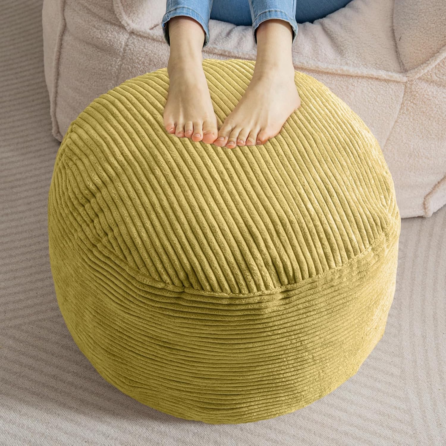 HIGOGOGO Round Stuffed Pouf Ottoman, Corduroy Poufs with Foam Chunk Filling, Furry and Fluffy Pouf Foot Stool Storage Ottoman, 26 X 18 Floor Poufs Foot Rest for Living Room, Dark Grey