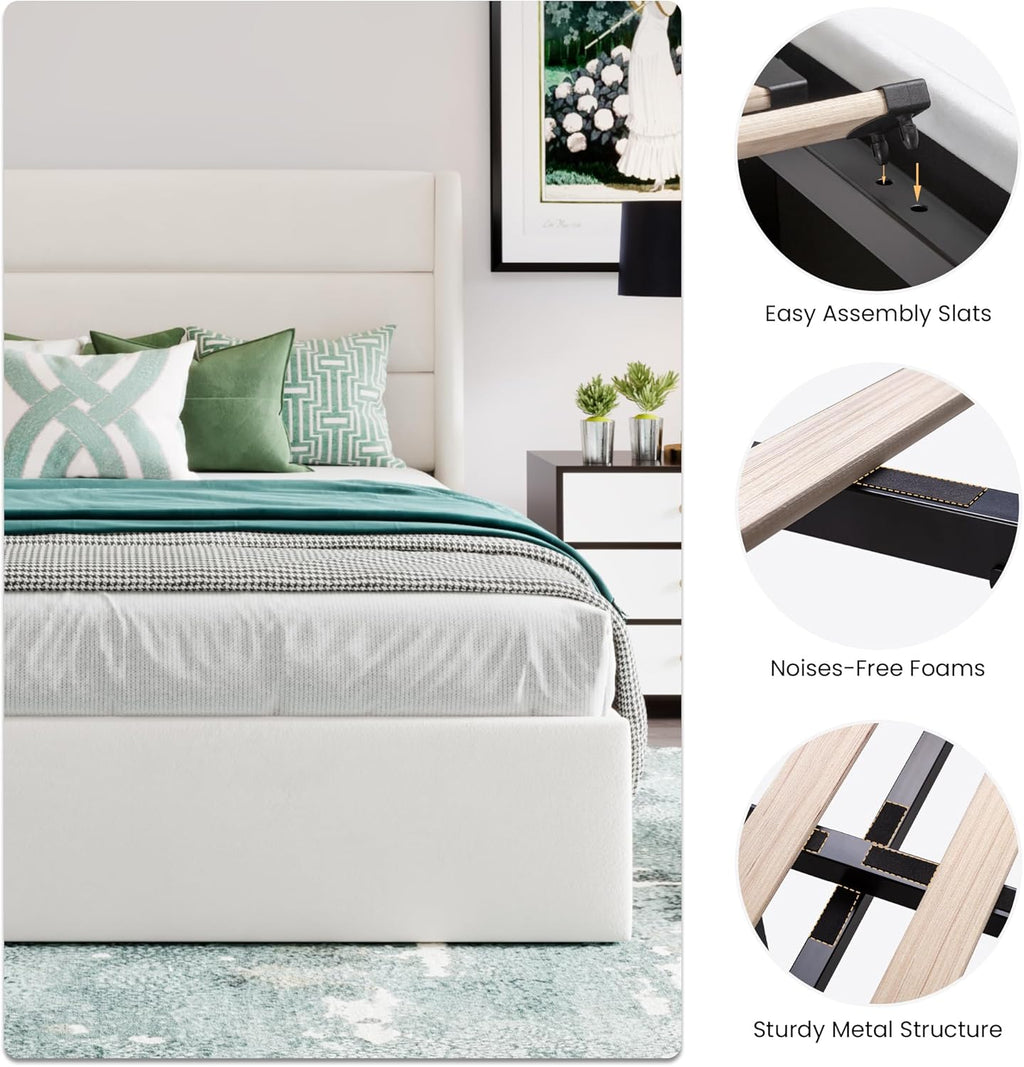 SHA CERLIN King Size Lift Up Storage Bed/Velvet Upholstered/Modern Wingback Headboard/Upholstered Platform Bed Frame/Hydraulic Storage/No Box Spring Needed/White