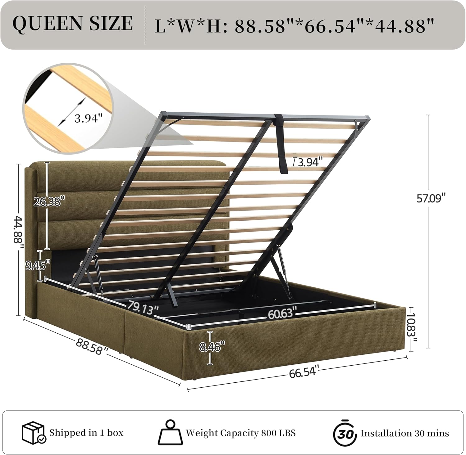 Lift Up Storage Bed Queen Size, Upholstered Platform Bed with Hydraulic System & Wood Slats Support, Queen Bed Frame with 3-Panel Headboard, No Box Spring Needed, Easy Assembly, Green
