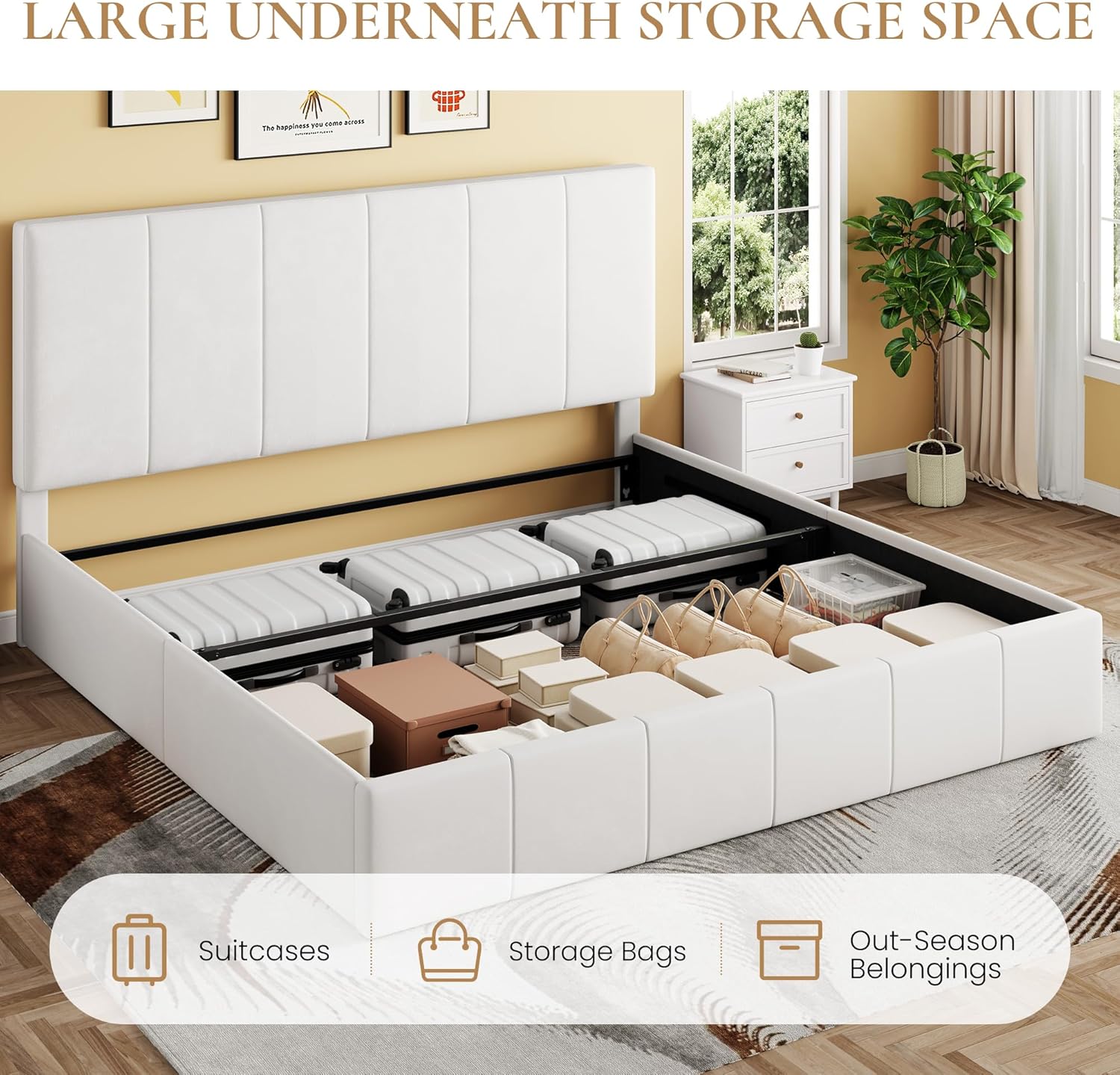 SHA CERLIN King Size Lift Up Storage Bed Frame, Adjustable Headboard, Hydraulic Support, Velvet Upholstered, Easy Installation, No Box Spring Needed, White