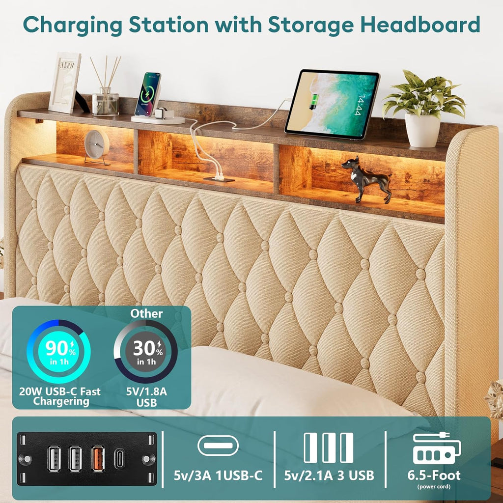Full Bed Frame with Storage - Lift Up Full Size Bed Frame with Headboard, Upholstered Platform Bed with LED Lights & Charging Station, Hydraulic No Box Spring Needed Wood Slats Support, Beige