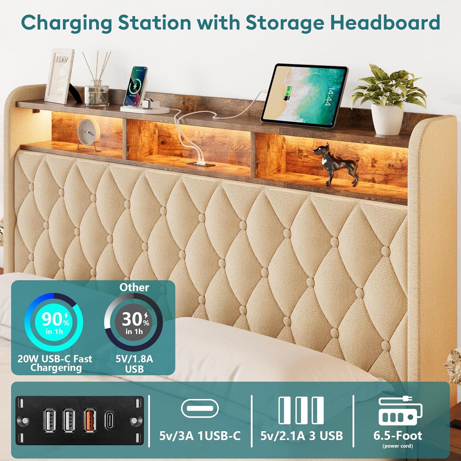 Full Bed Frame with Storage - Lift Up Full Size Bed Frame with Headboard, Upholstered Platform Bed with LED Lights & Charging Station, Hydraulic No Box Spring Needed Wood Slats Support, Beige