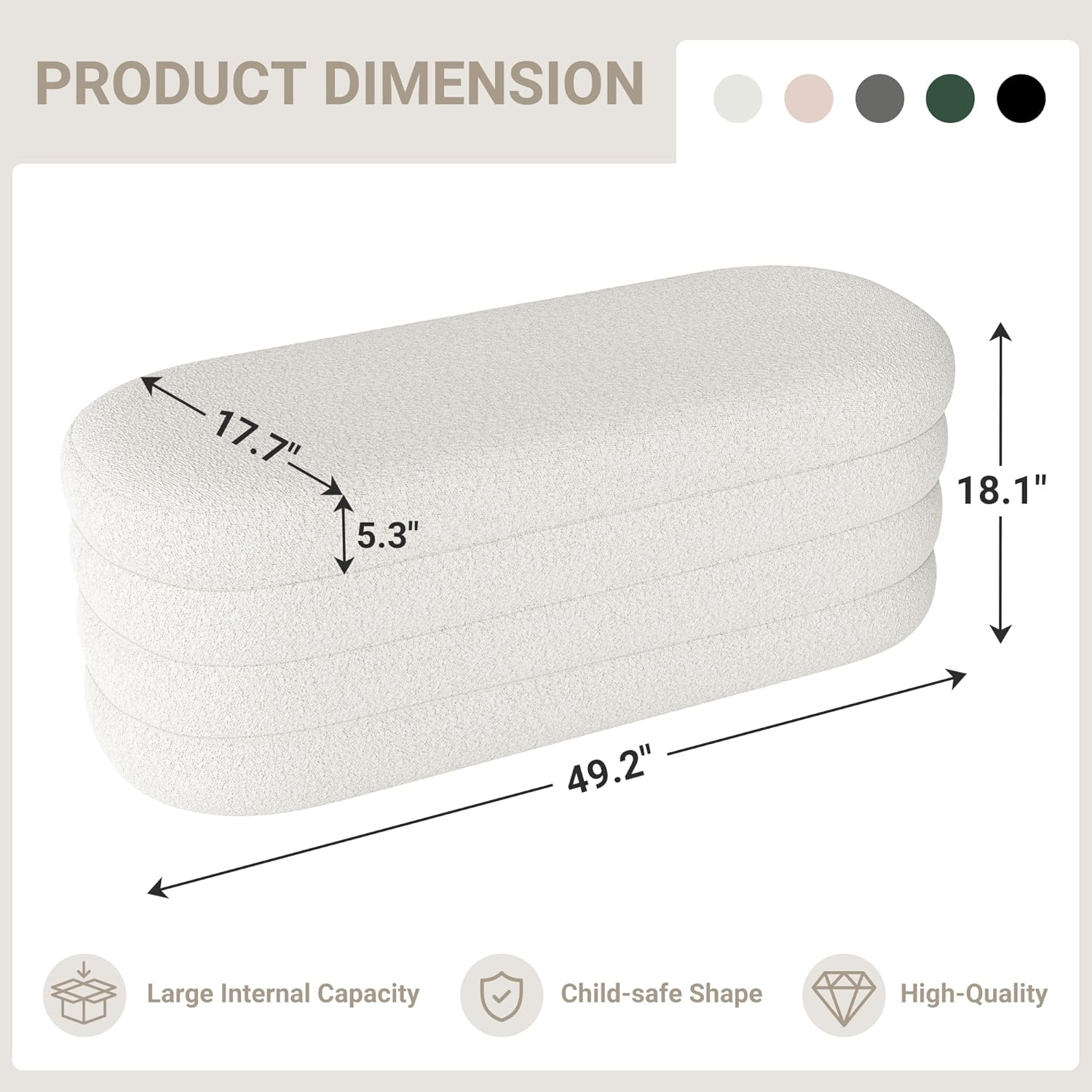 Storage Ottoman Bench 49.2 Inch Upholstered Fabric Storage Bench for Bedroom End of Bed Aesthetic Large Oval Ottoman for Living Room Entryway (Ivory)