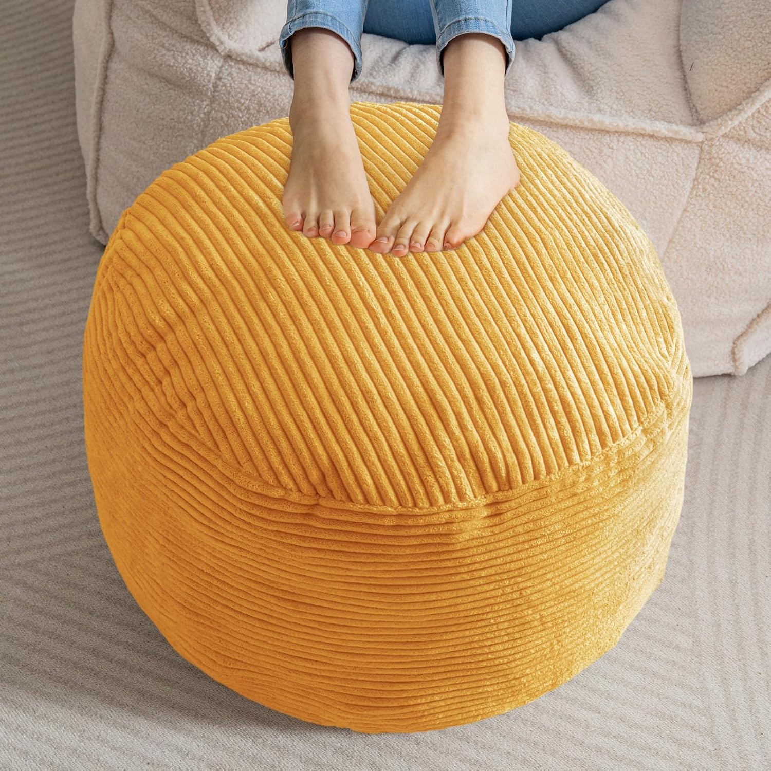 HIGOGOGO Round Stuffed Pouf Ottoman, Corduroy Poufs with Foam Chunk Filling, Furry and Fluffy Pouf Foot Stool Storage Ottoman, 26 X 18 Floor Poufs Foot Rest for Living Room, Dark Grey