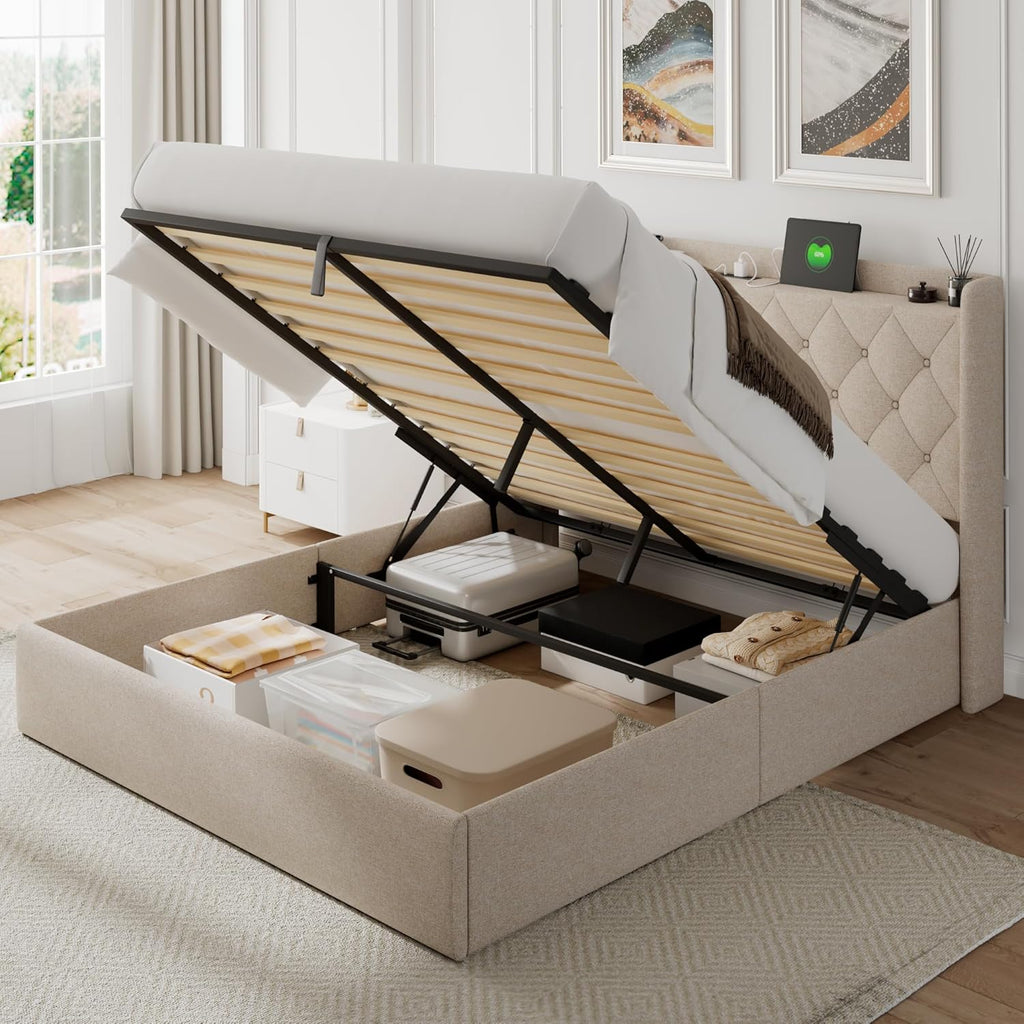 Feonase Full Size Bed Frame with Storage & Charging Station - Hydraulic Lift Up Platform Bed, Upholstered Button Tufted Headboard, Sturdy Wooden Slats, Noise-Free, No Box Spring Needed, Light Gray