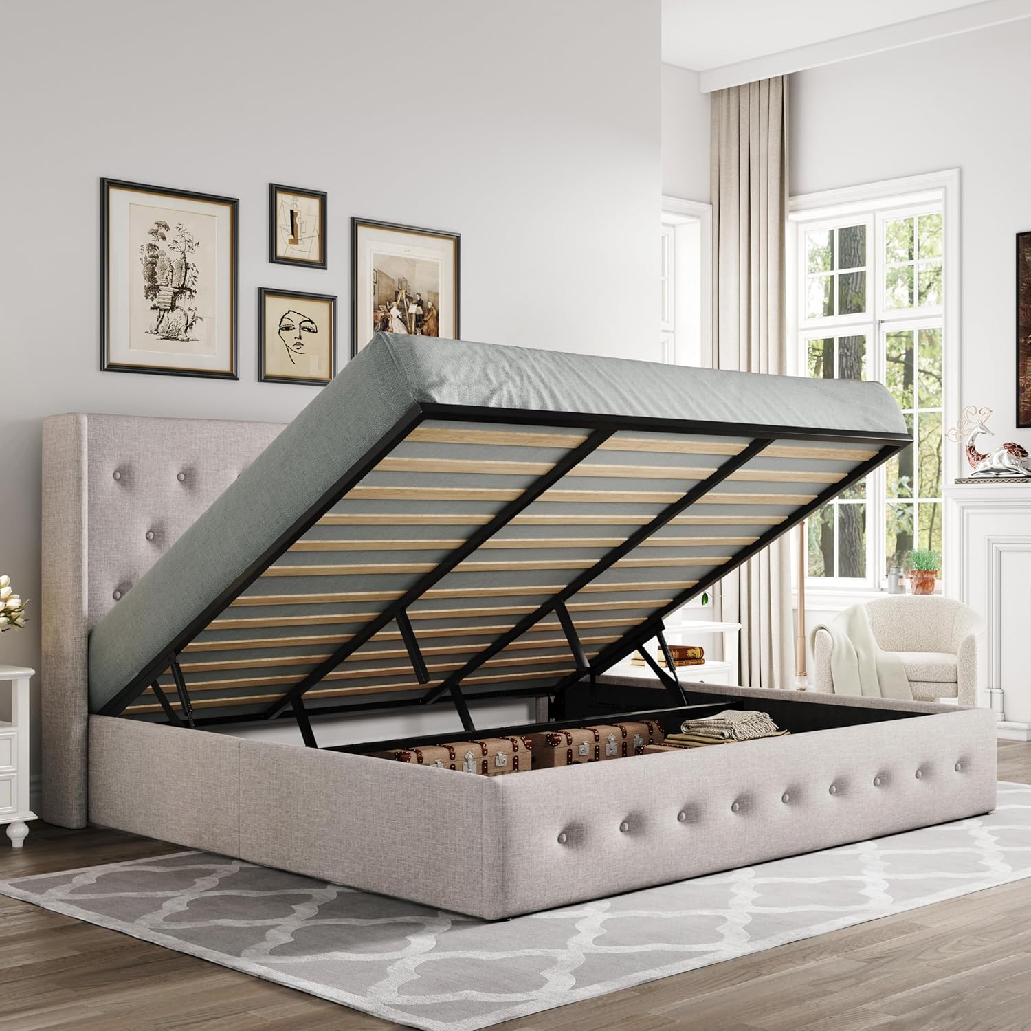 Allewie Full Size Lift Up Storage Bed, Modern Wingback Headboard, Hydraulic Support, No Box Spring Needed, Light Beige