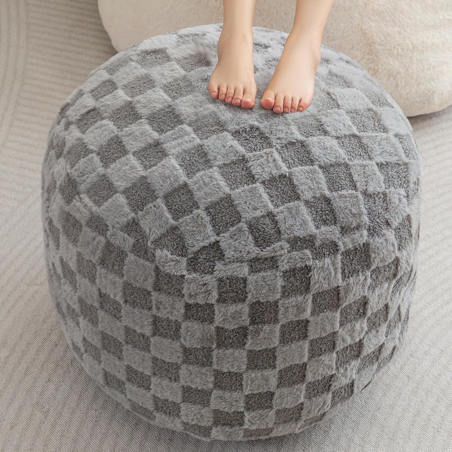 HIGOGOGO Round Stuffed Pouf Ottoman, Corduroy Poufs with Foam Chunk Filling, Furry and Fluffy Pouf Foot Stool Storage Ottoman, 26 X 18 Floor Poufs Foot Rest for Living Room, Dark Grey