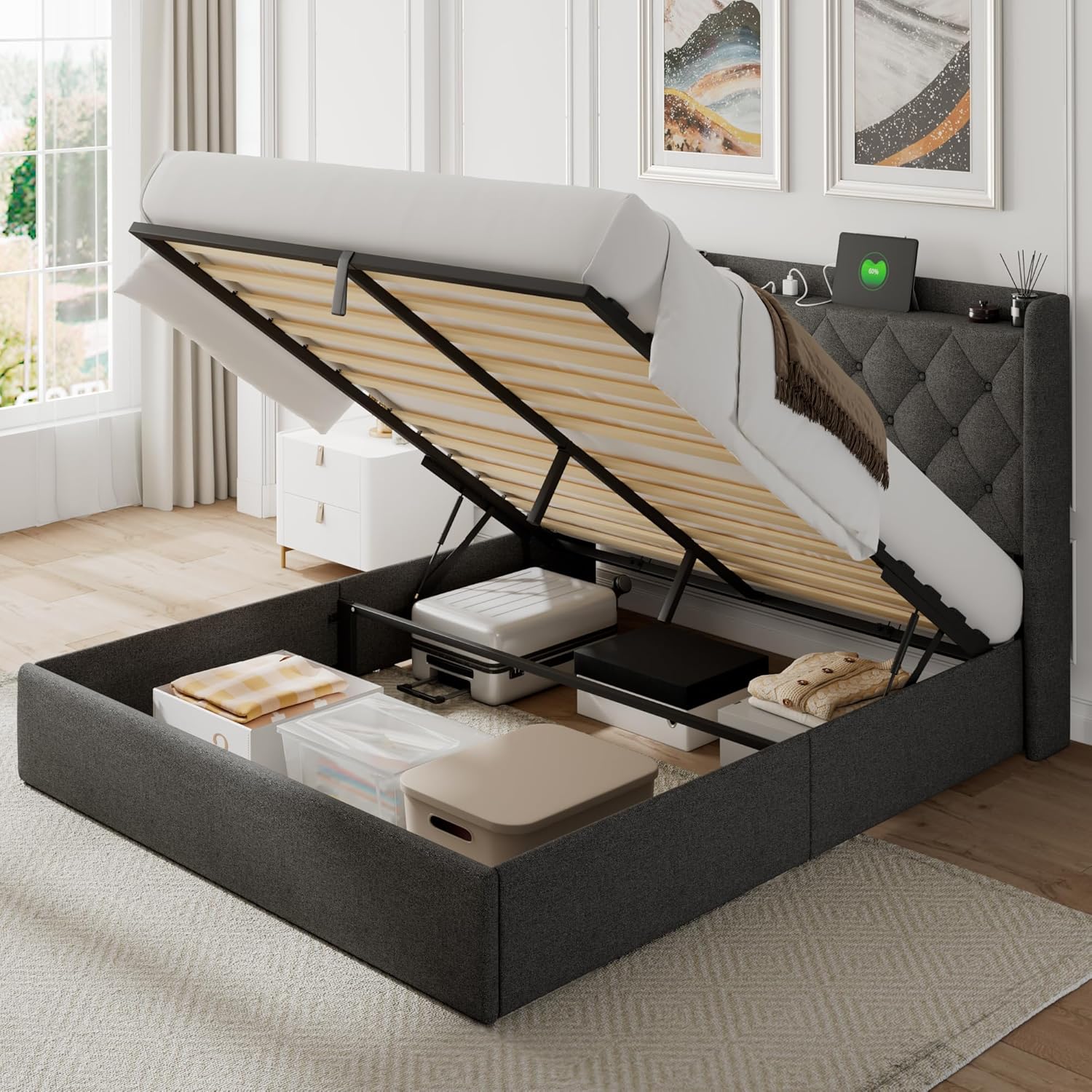 Feonase Full Size Bed Frame with Storage & Charging Station - Hydraulic Lift Up Platform Bed, Upholstered Button Tufted Headboard, Sturdy Wooden Slats, Noise-Free, No Box Spring Needed, Light Gray