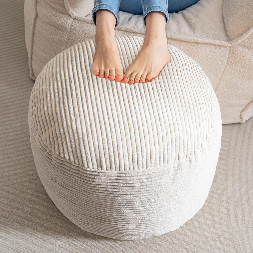HIGOGOGO Round Stuffed Pouf Ottoman, Corduroy Poufs with Foam Chunk Filling, Furry and Fluffy Pouf Foot Stool Storage Ottoman, 26 X 18 Floor Poufs Foot Rest for Living Room, Dark Grey