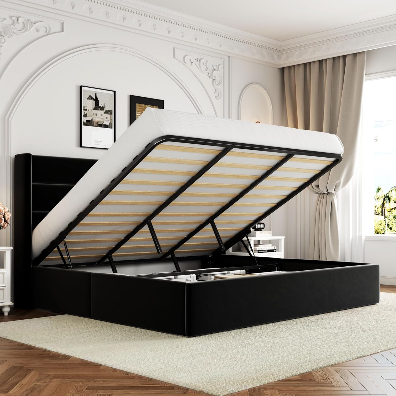 Allewie Full Size Lift Up Storage Bed, Modern Wingback Headboard, Hydraulic Support, No Box Spring Needed, Light Beige