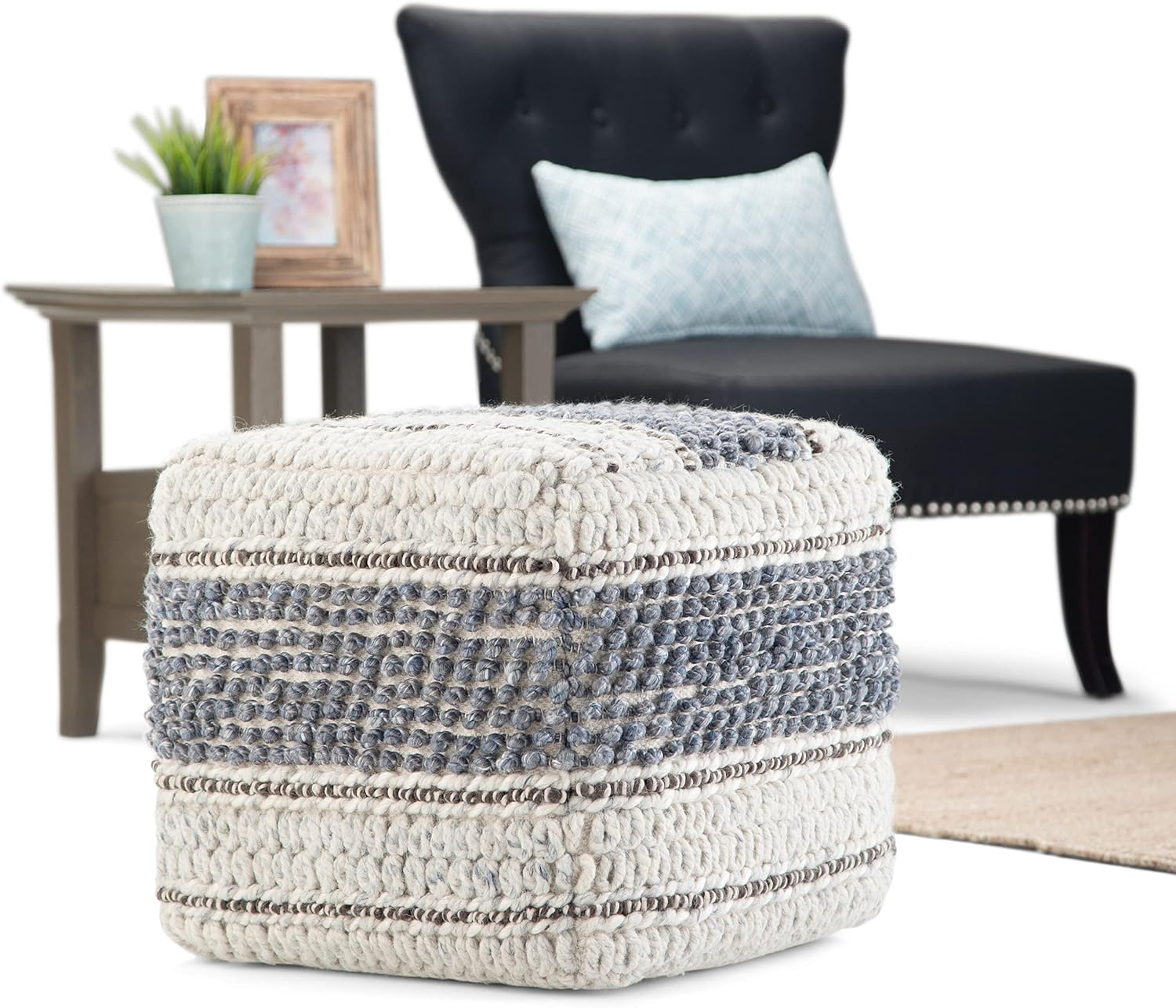 SIMPLIHOME Grady Boho Square Pouf in Blue, Natural Handloom Woven for the Living Room, Bedroom and Kids Room