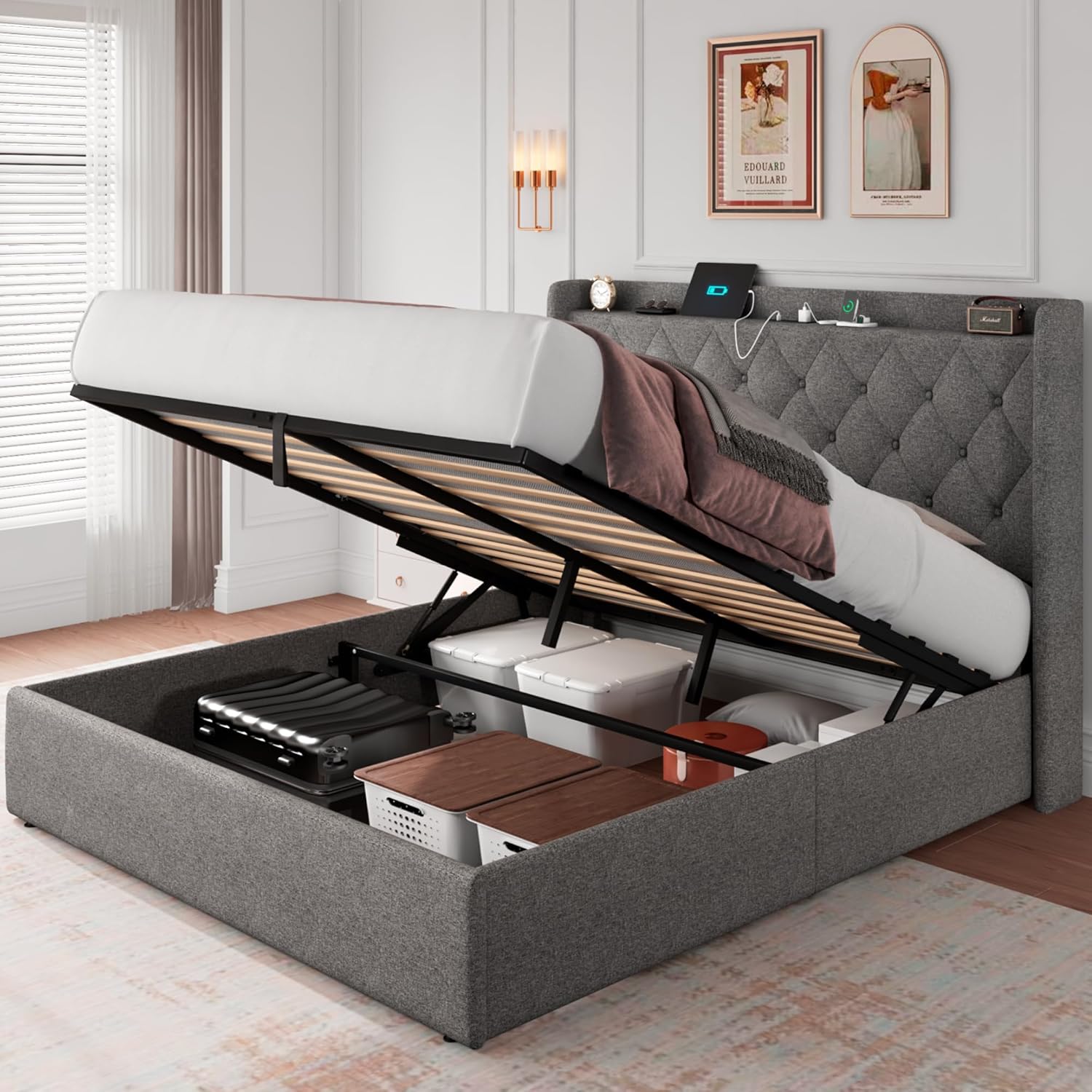 iPormis Full Size Lift Up Storage Bed Frame with Charging Station, Upholstered Platform Bed Frame with Tufted Headboard, Hydraulic Storage, No Box Spring Needed, Noise-Free, Easy Assembly, Beige