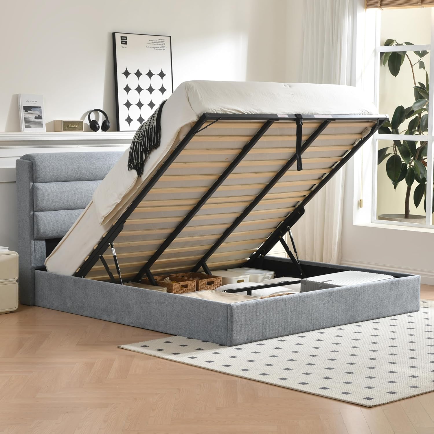 Lift Up Storage Bed Queen Size, Upholstered Platform Bed with Hydraulic System & Wood Slats Support, Queen Bed Frame with 3-Panel Headboard, No Box Spring Needed, Easy Assembly, Green