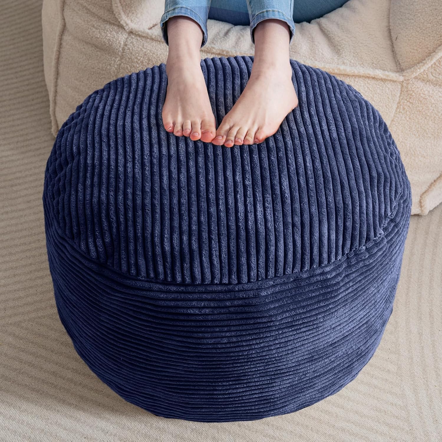 HIGOGOGO Round Stuffed Pouf Ottoman, Corduroy Poufs with Foam Chunk Filling, Furry and Fluffy Pouf Foot Stool Storage Ottoman, 26 X 18 Floor Poufs Foot Rest for Living Room, Dark Grey