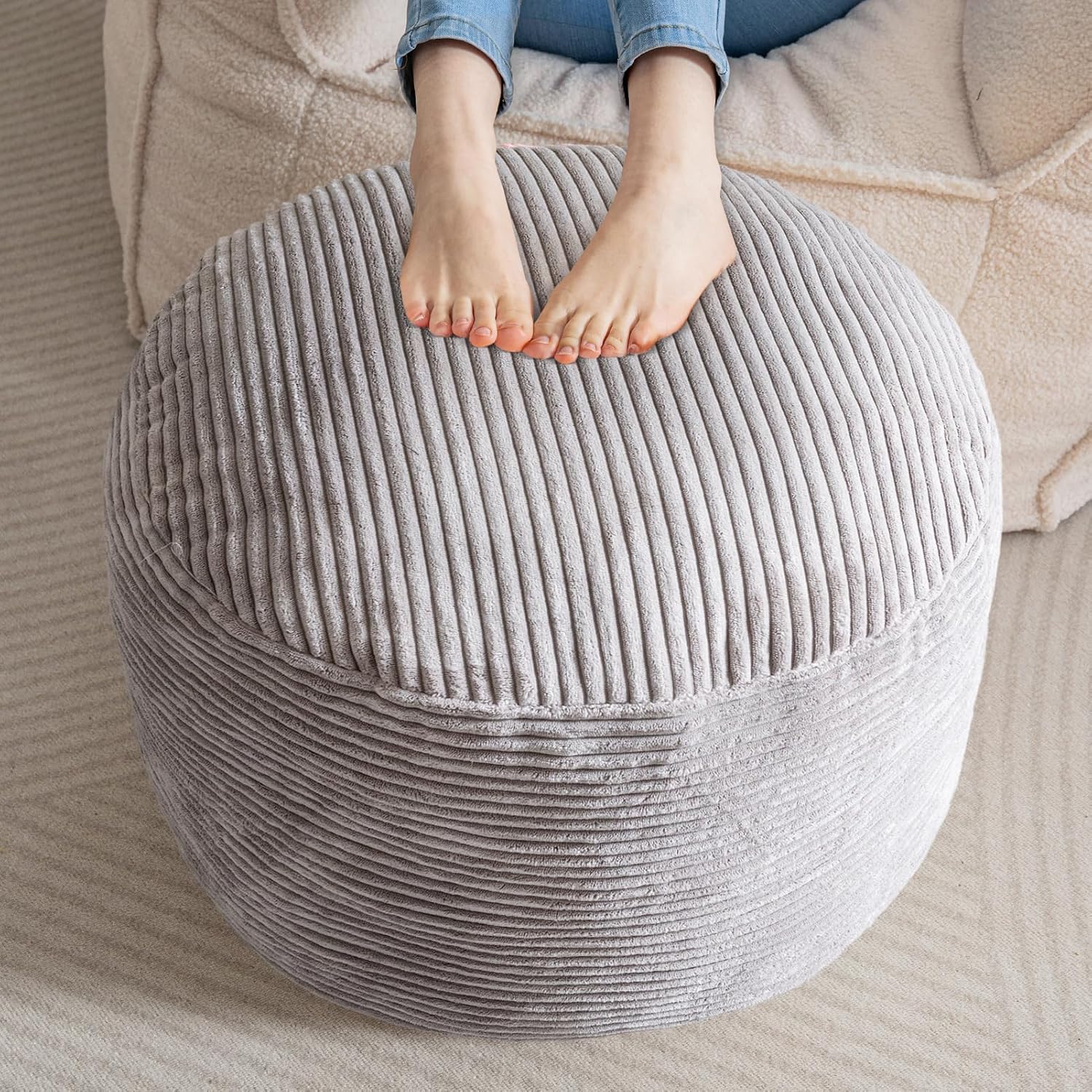 HIGOGOGO Round Stuffed Pouf Ottoman, Corduroy Poufs with Foam Chunk Filling, Furry and Fluffy Pouf Foot Stool Storage Ottoman, 26 X 18 Floor Poufs Foot Rest for Living Room, Dark Grey
