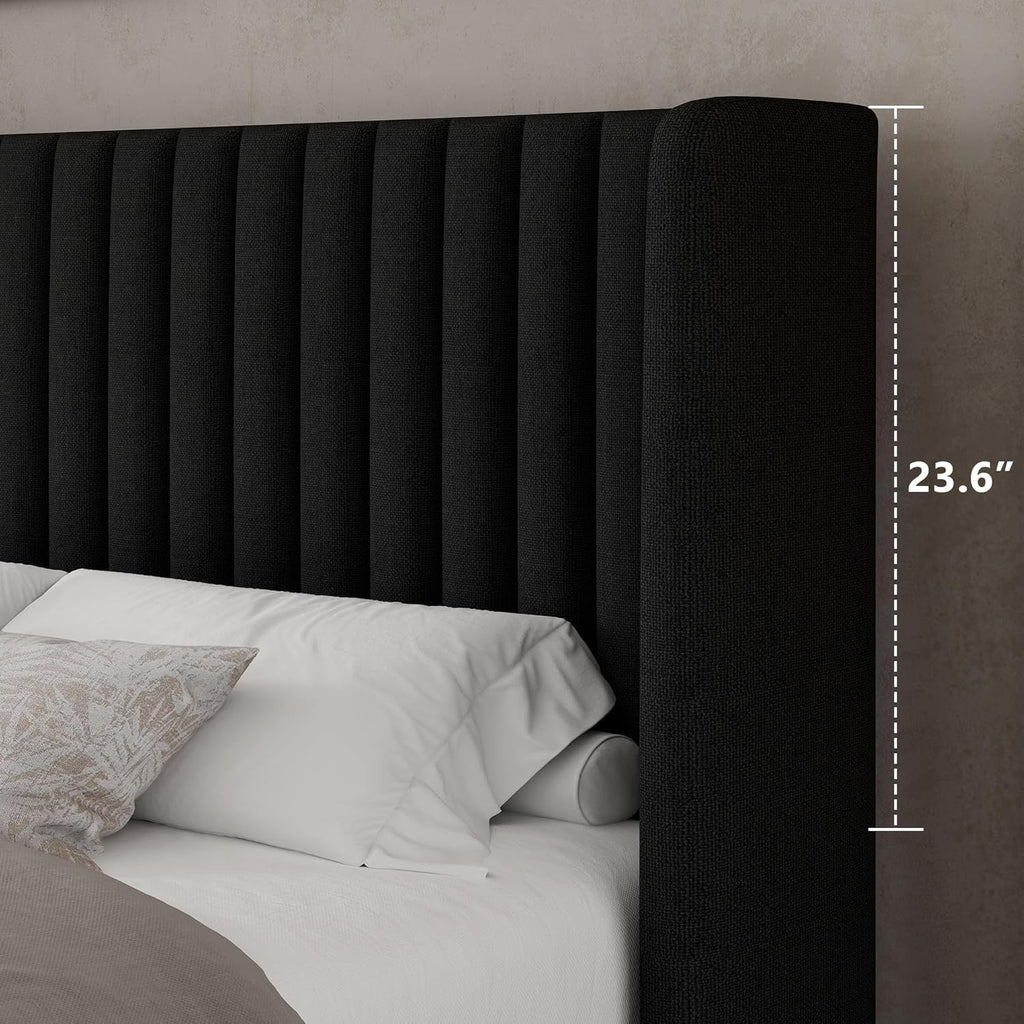 Feonase Queen Size Lift Up Storage Bed Frame, Linen Upholstered Platform Bed with Wingback Headboard, Hydraulic Storage, No Box Spring Needed, Black