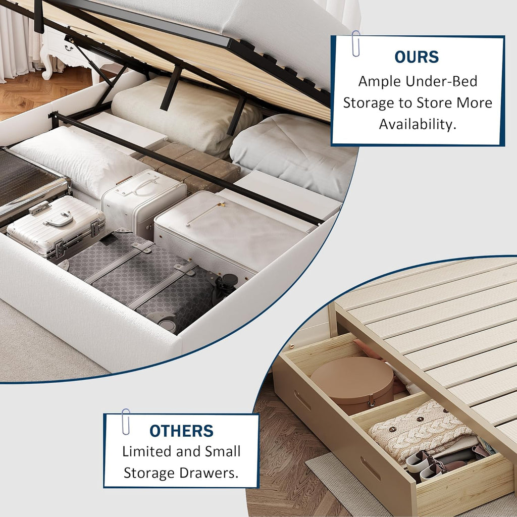 Queen Size Lift Up Storage Bed, Upholstered Velvet Platform Bed Frame with Wingback Headboard, Hydraulic System, Solid Wooden Slats Support, Easy Assembly, No Box Spring Needed, White