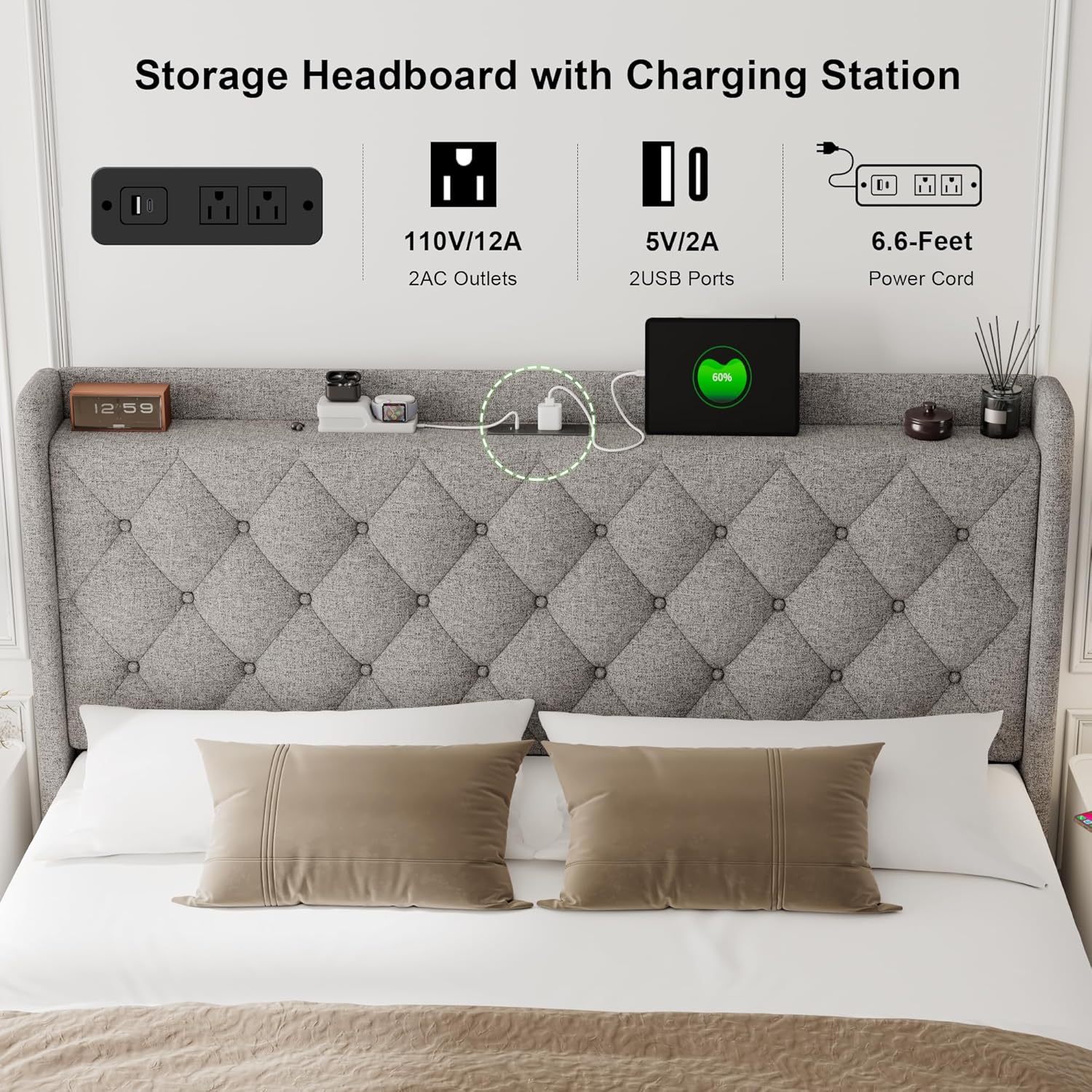 Feonase Full Size Bed Frame with Storage & Charging Station - Hydraulic Lift Up Platform Bed, Upholstered Button Tufted Headboard, Sturdy Wooden Slats, Noise-Free, No Box Spring Needed, Light Gray