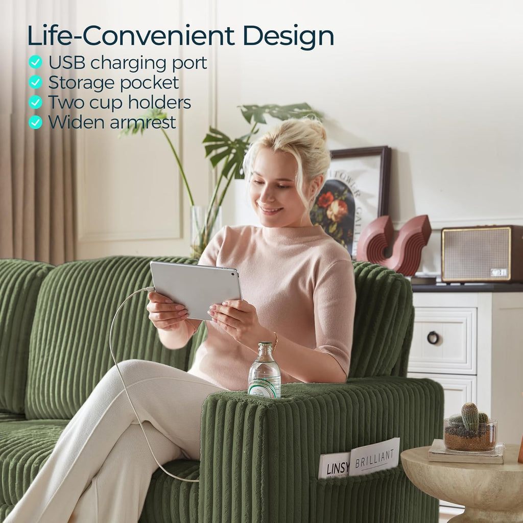 LINSY HOME Loveseat Sofa with Storage, Plush Corduroy Love Seat Couch Sectional Couches for Small Space Living Room Apartment Bedroom (Green)