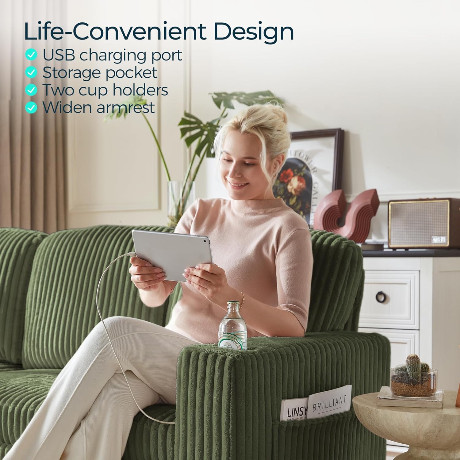 LINSY HOME Loveseat Sofa with Storage, Plush Corduroy Love Seat Couch Sectional Couches for Small Space Living Room Apartment Bedroom (Green)