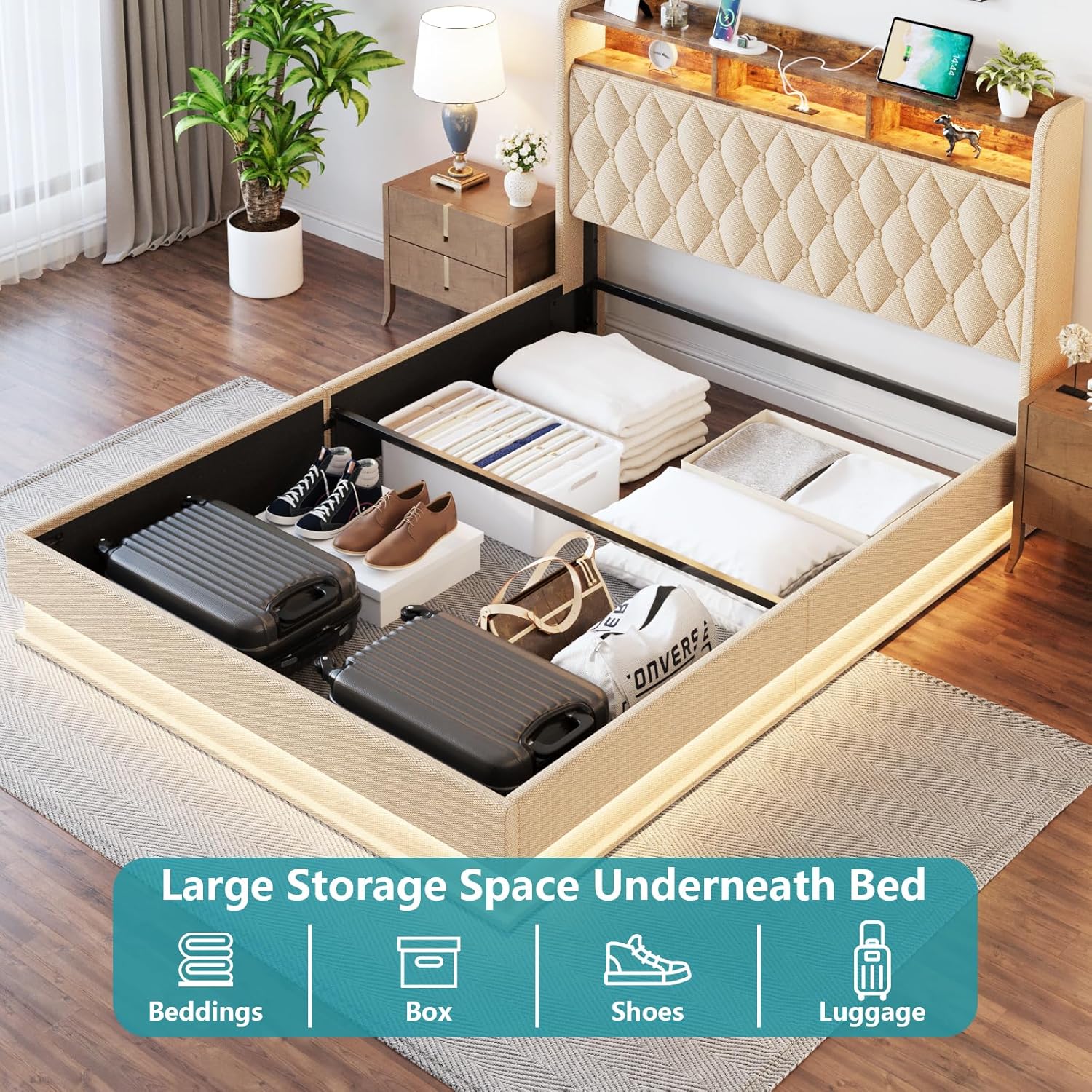 Full Bed Frame with Storage - Lift Up Full Size Bed Frame with Headboard, Upholstered Platform Bed with LED Lights & Charging Station, Hydraulic No Box Spring Needed Wood Slats Support, Beige