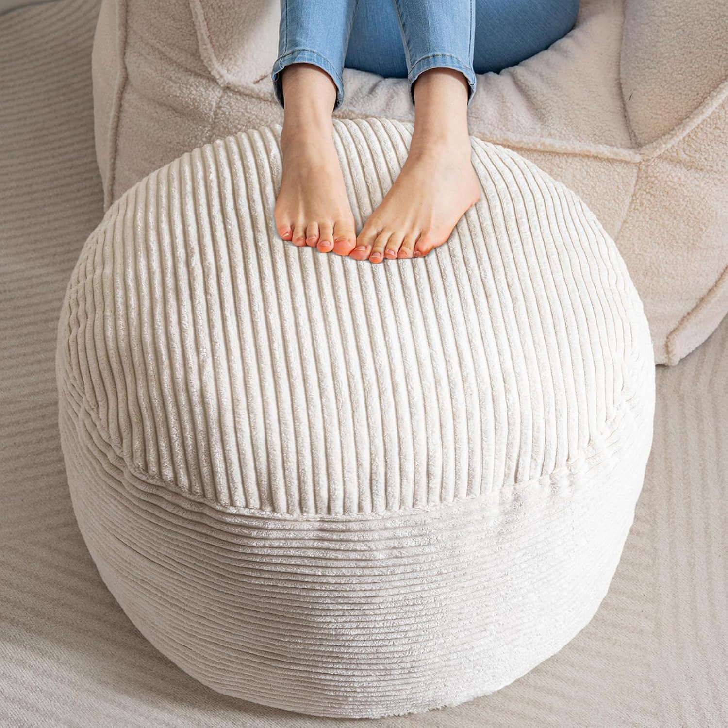 HIGOGOGO Round Stuffed Pouf Ottoman, Corduroy Poufs with Foam Chunk Filling, Furry and Fluffy Pouf Foot Stool Storage Ottoman, 26 X 18 Floor Poufs Foot Rest for Living Room, Dark Grey
